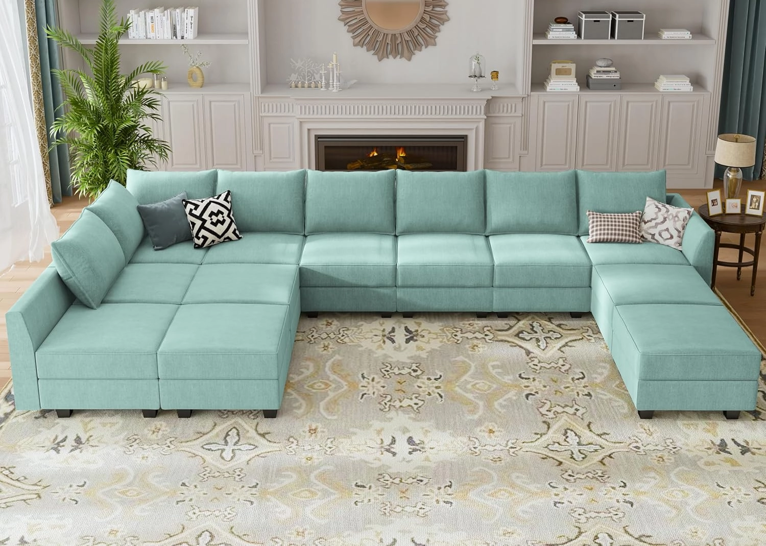 HONBAY Convertible Sleeper Sectional Sofa Bed Modular Sofa with Storage Seat Reversible Sectional Sleeper Sofa Set with Modular Sectional Couch Bed, Aqua Blue