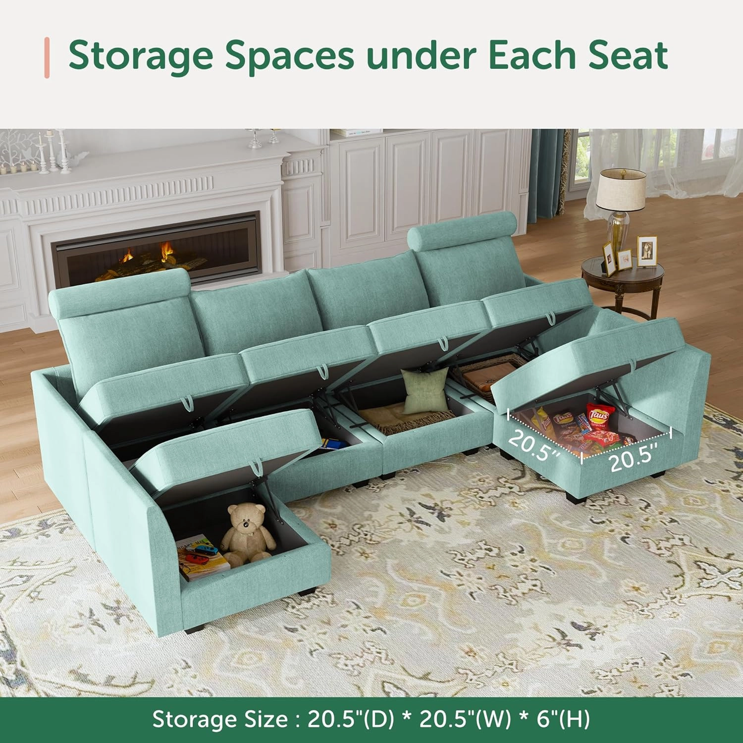 HONBAY Convertible Sleeper Sectional Sofa Bed Modular Sofa with Storage Seat Reversible Sectional Sleeper Sofa Set with Modular Sectional Couch Bed, Aqua Blue