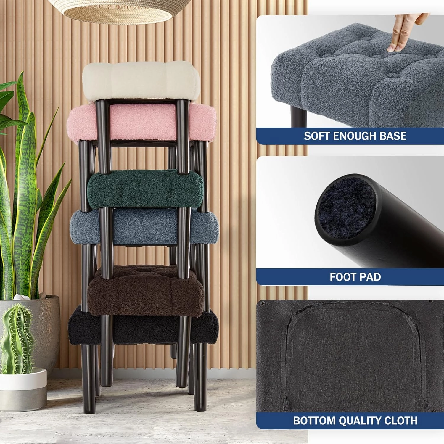 HOUCHICS Fur Padded Foot Stool, Small Ottoman Rest with Wooden Legs, Modern Rectangle Chair Rest for Living Room, Couch, Desk (Grey)