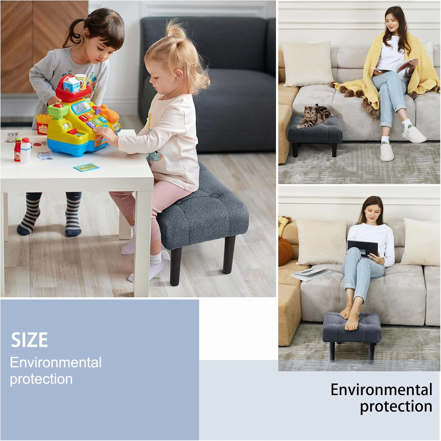 HOUCHICS Fur Padded Foot Stool, Small Ottoman Rest with Wooden Legs, Modern Rectangle Chair Rest for Living Room, Couch, Desk (Grey)