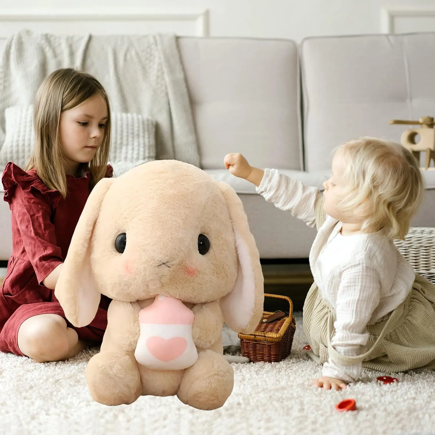 HOUPU Soft Toy - Sitting Lop Eared Rabbit, Easter White Rabbit Stuffed Bunny Animal with Carrot Soft Lovely Realistic Long-Eared Standing Pink Plush Toys (Brown-Milk Bottle,16.9in/43cm)
