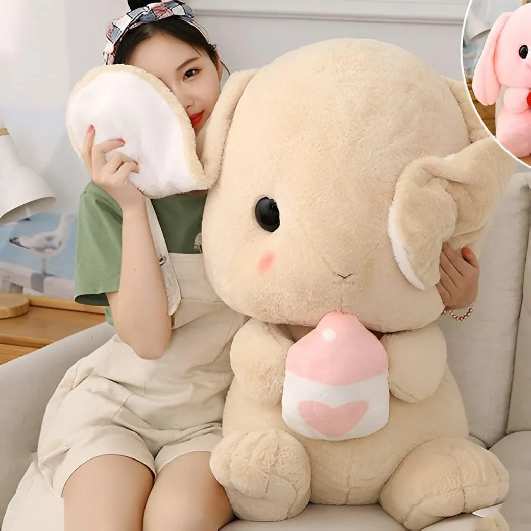 HOUPU Soft Toy - Sitting Lop Eared Rabbit, Easter White Rabbit Stuffed Bunny Animal with Carrot Soft Lovely Realistic Long-Eared Standing Pink Plush Toys (Brown-Milk Bottle,16.9in/43cm)