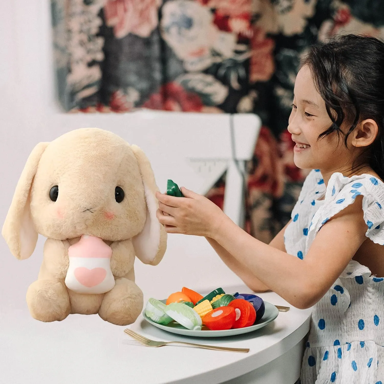 HOUPU Soft Toy - Sitting Lop Eared Rabbit, Easter White Rabbit Stuffed Bunny Animal with Carrot Soft Lovely Realistic Long-Eared Standing Pink Plush Toys (Brown-Milk Bottle,16.9in/43cm)
