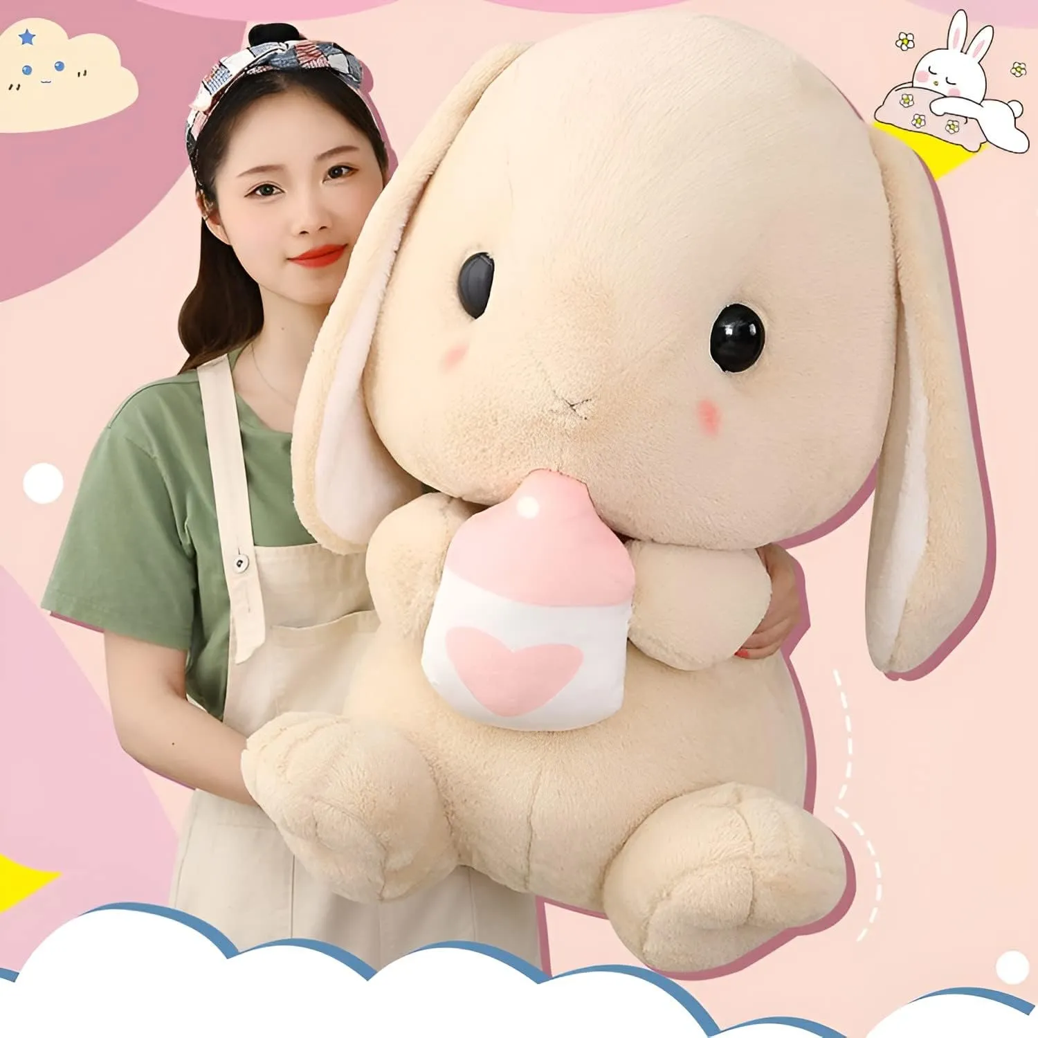HOUPU Soft Toy - Sitting Lop Eared Rabbit, Easter White Rabbit Stuffed Bunny Animal with Carrot Soft Lovely Realistic Long-Eared Standing Pink Plush Toys (Brown-Milk Bottle,16.9in/43cm)