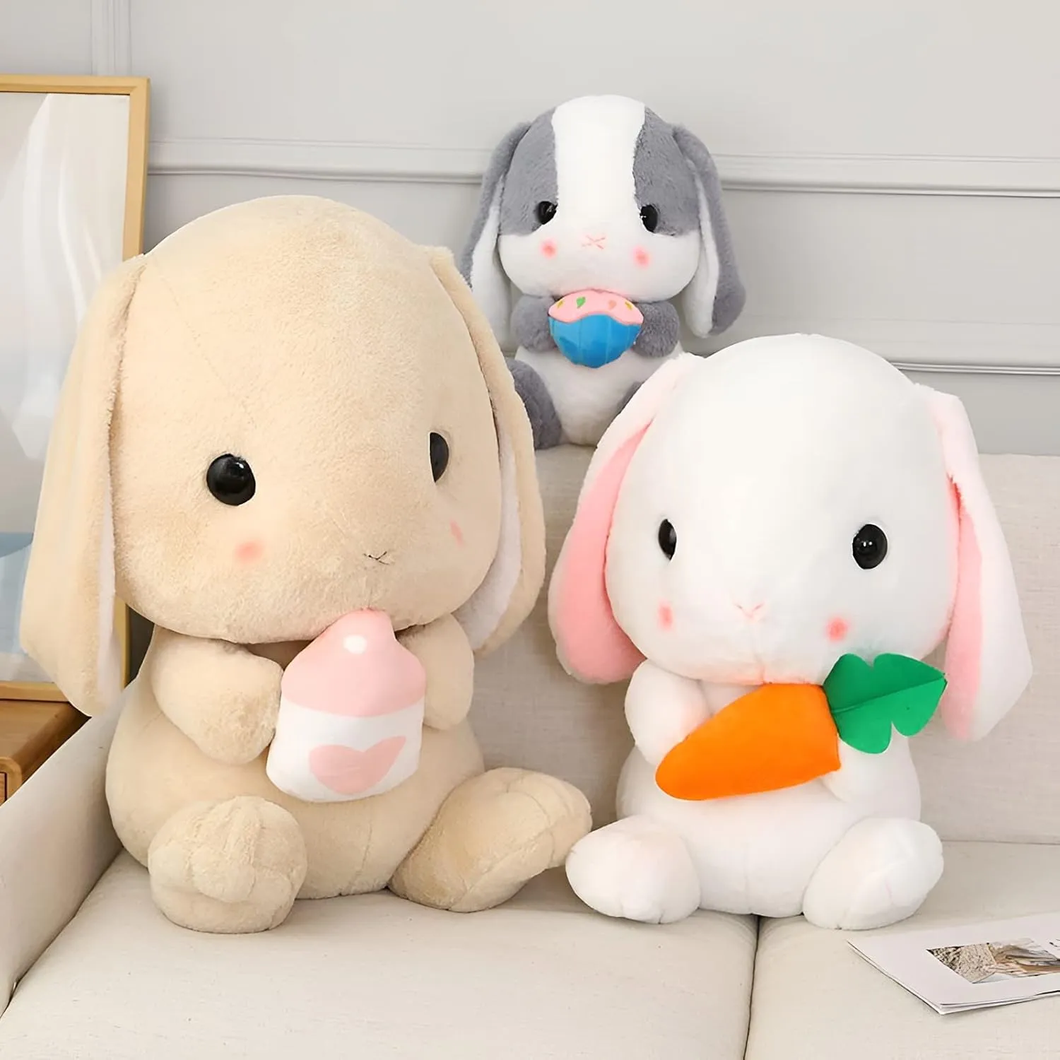 HOUPU Soft Toy - Sitting Lop Eared Rabbit, Easter White Rabbit Stuffed Bunny Animal with Carrot Soft Lovely Realistic Long-Eared Standing Pink Plush Toys (Pink-Strawberry,16.9in/43cm)