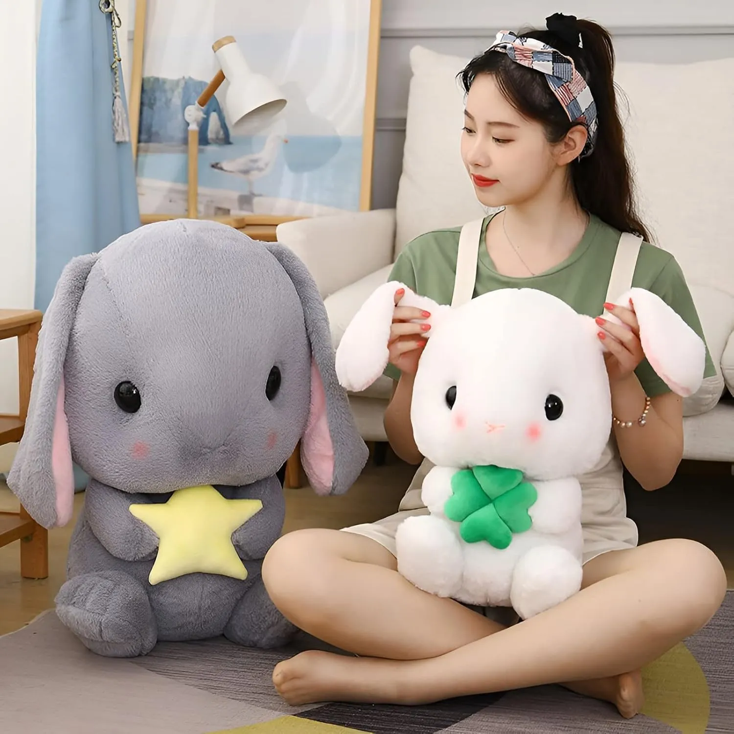 HOUPU Soft Toy - Sitting Lop Eared Rabbit, Easter White Rabbit Stuffed Bunny Animal with Carrot Soft Lovely Realistic Long-Eared Standing Pink Plush Toys (Pink-Strawberry,16.9in/43cm)
