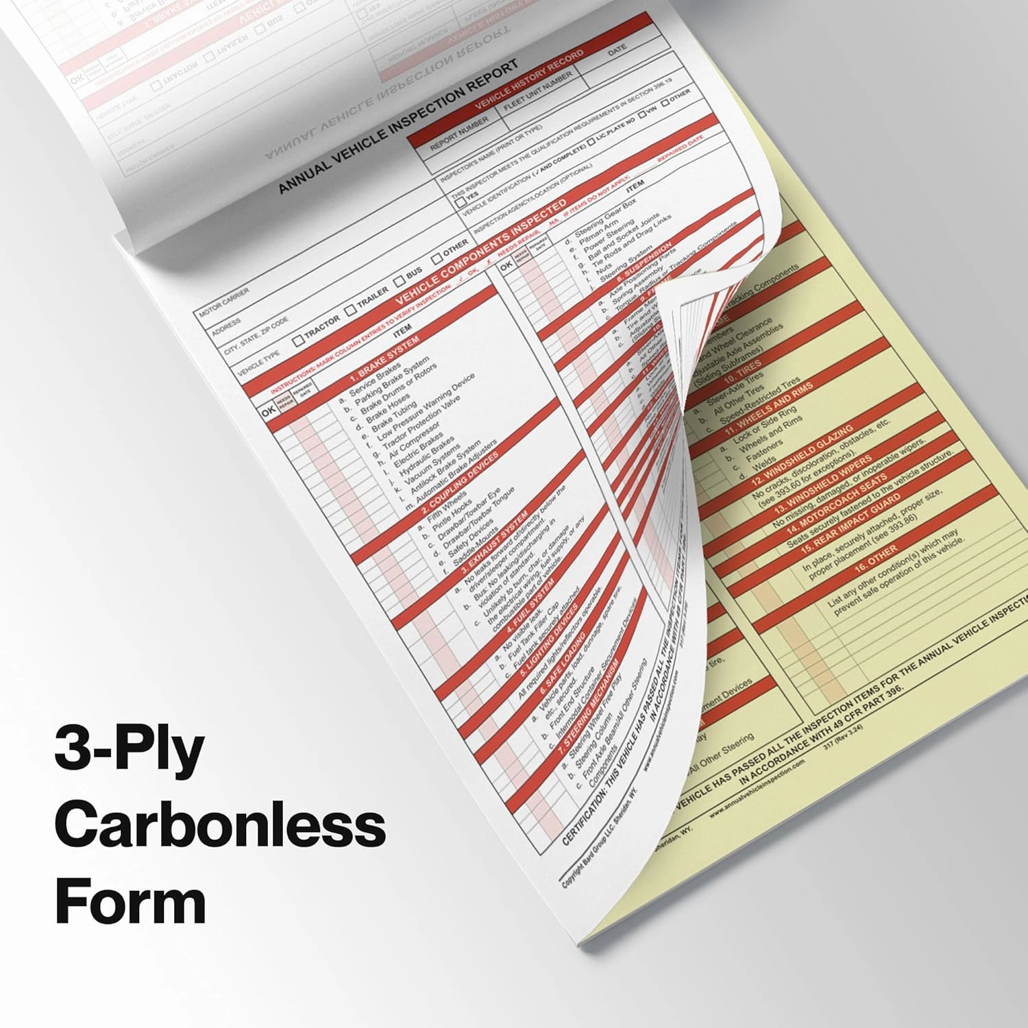 HQ Annual Vehicle Inspection Report Form - 3-Ply Carbonless, 8.5" x 11.75", Snap-Out Format - 100-Pack