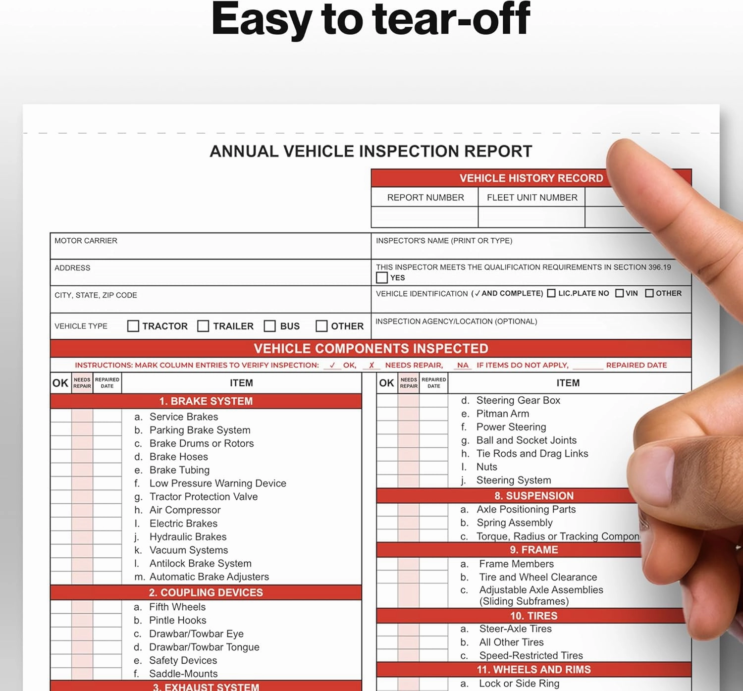 HQ Annual Vehicle Inspection Report Form - 3-Ply Carbonless, 8.5" x 11.75", Snap-Out Format - 100-Pack