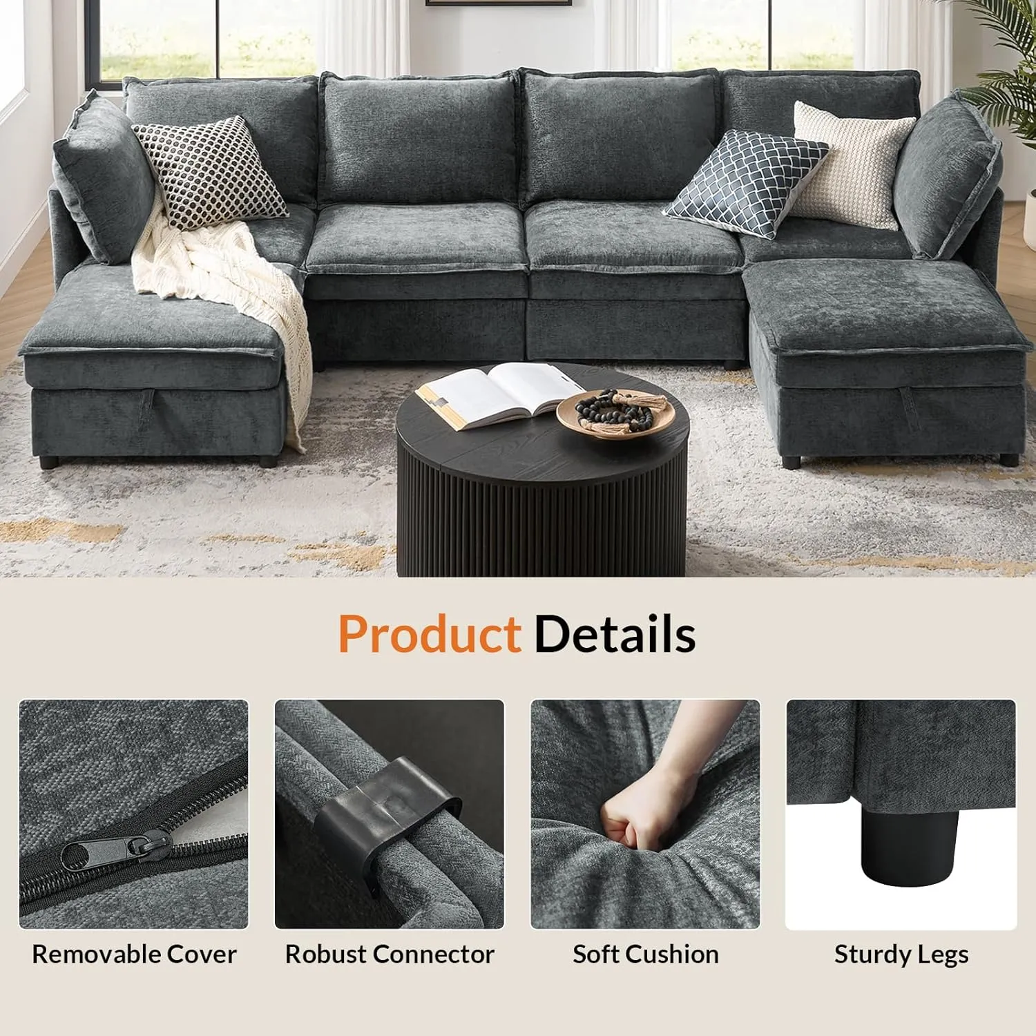 HULALA HOME 127'' Modular Sectional Sofa, Oversized U Shaped Couch with Storage Ottoman, Extra Deep Seat, Modern Comfy Chenille Sofa with Chaise, 6 Seat Convertible Couches for Living Room, Grey