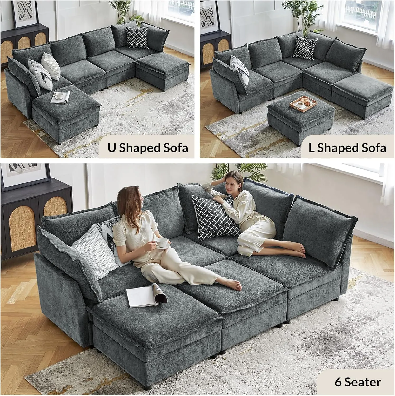 HULALA HOME 127'' Modular Sectional Sofa, Oversized U Shaped Couch with Storage Ottoman, Extra Deep Seat, Modern Comfy Chenille Sofa with Chaise, 6 Seat Convertible Couches for Living Room, Grey