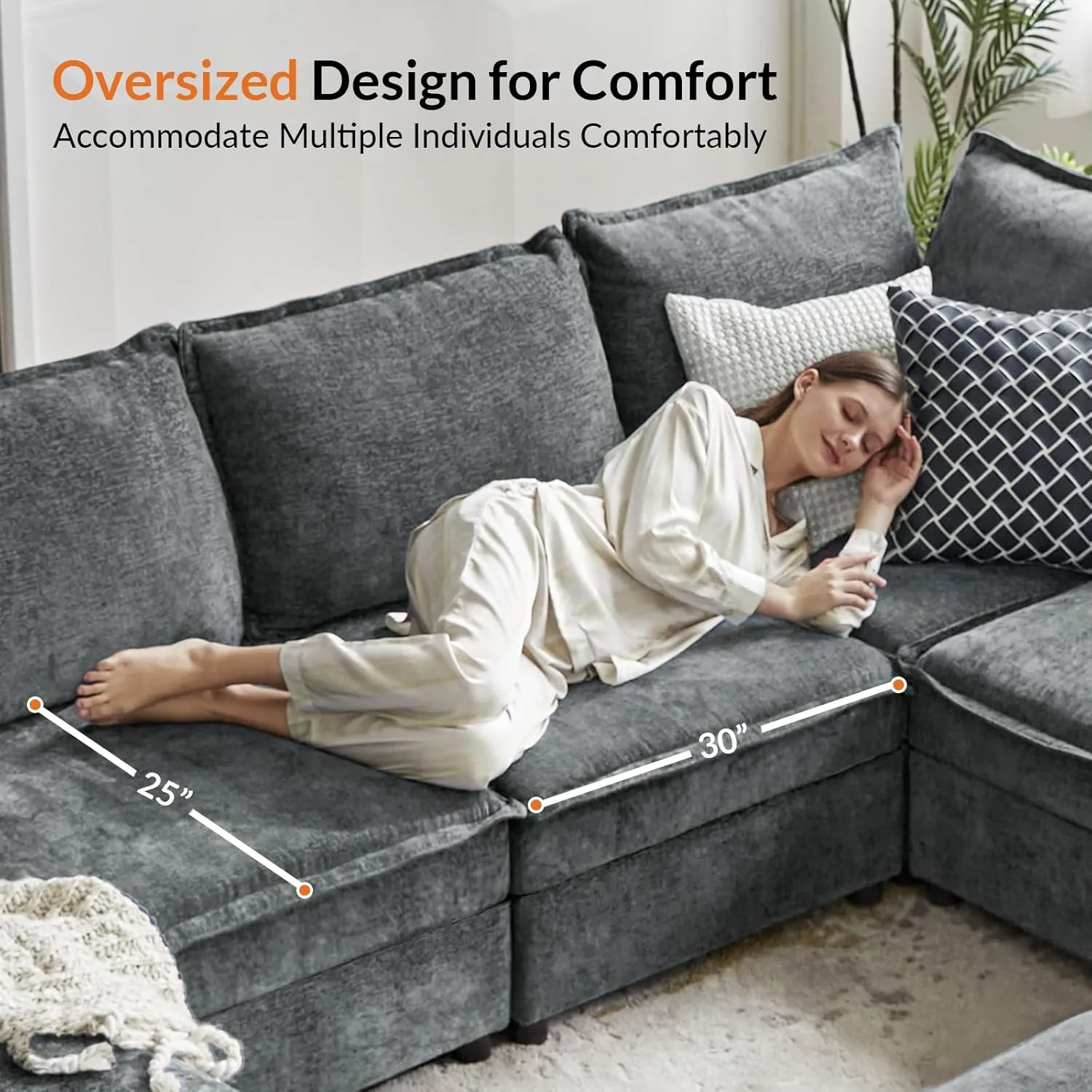 HULALA HOME 127'' Modular Sectional Sofa, Oversized U Shaped Couch with Storage Ottoman, Extra Deep Seat, Modern Comfy Chenille Sofa with Chaise, 6 Seat Convertible Couches for Living Room, Grey