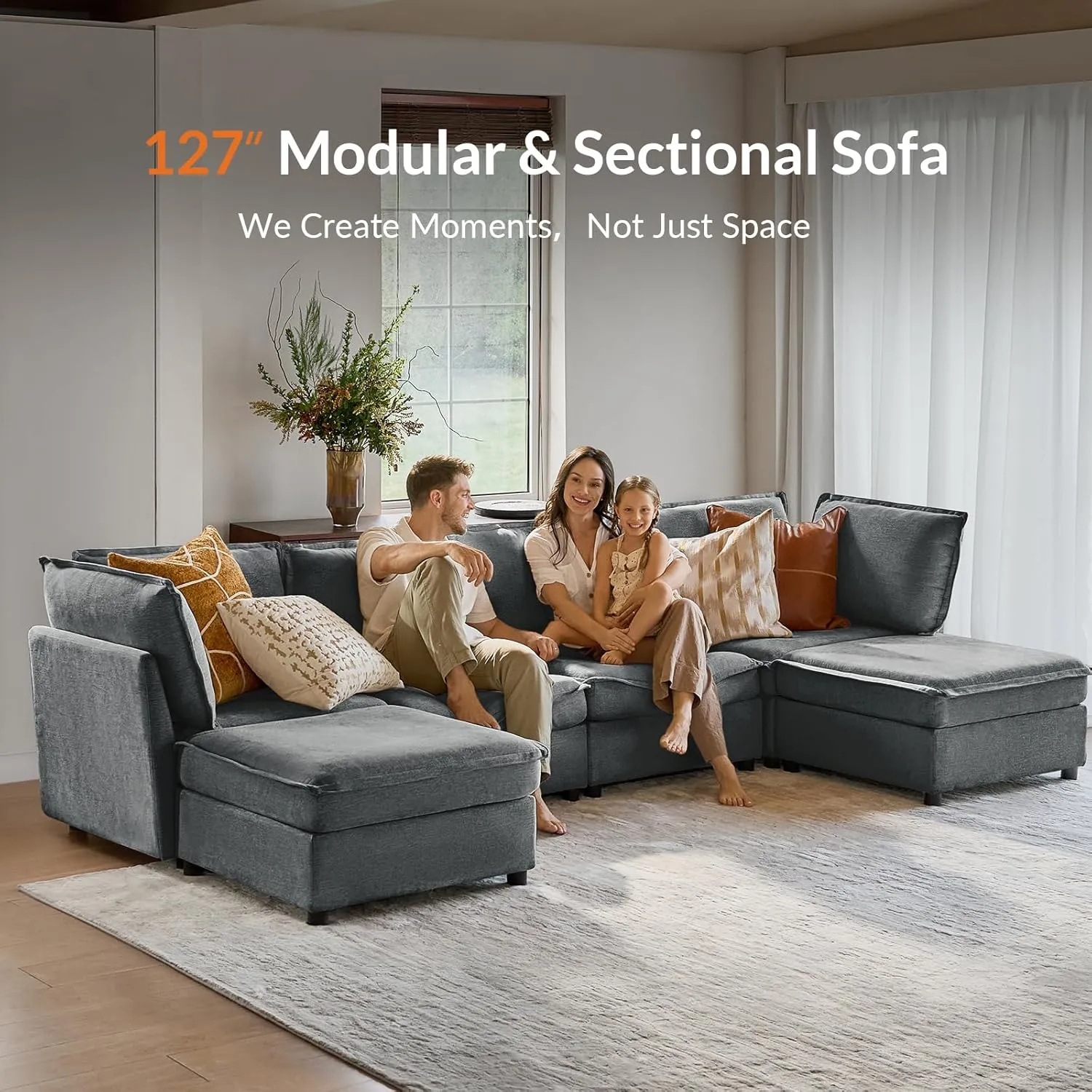 HULALA HOME 127'' Modular Sectional Sofa, Oversized U Shaped Couch with Storage Ottoman, Extra Deep Seat, Modern Comfy Chenille Sofa with Chaise, 6 Seat Convertible Couches for Living Room, Grey