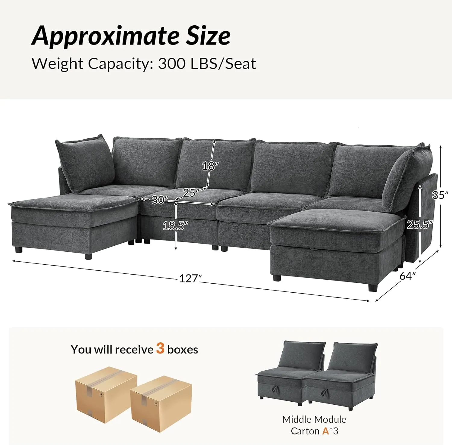 HULALA HOME 127'' Modular Sectional Sofa, Oversized U Shaped Couch with Storage Ottoman, Extra Deep Seat, Modern Comfy Chenille Sofa with Chaise, 6 Seat Convertible Couches for Living Room, Grey
