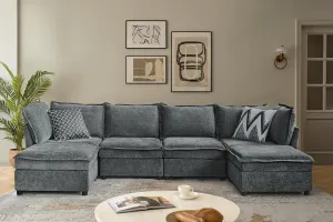 HULALA HOME 127'' Modular Sectional Sofa, Oversized U Shaped Couch with Storage Ottoman, Extra Deep Seat, Modern Comfy Chenille Sofa with Chaise, 6 Seat Convertible Couches for Living Room, Grey