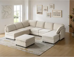 HULALA HOME Modular Sectional Sofa, Oversized 8 Seat U Shaped Couch with Storage Ottoman, Extra Deep Seat, Modern Comfy Chenille Sofa with Chaise, Convertible Sectional Couches for Living Room, Beige