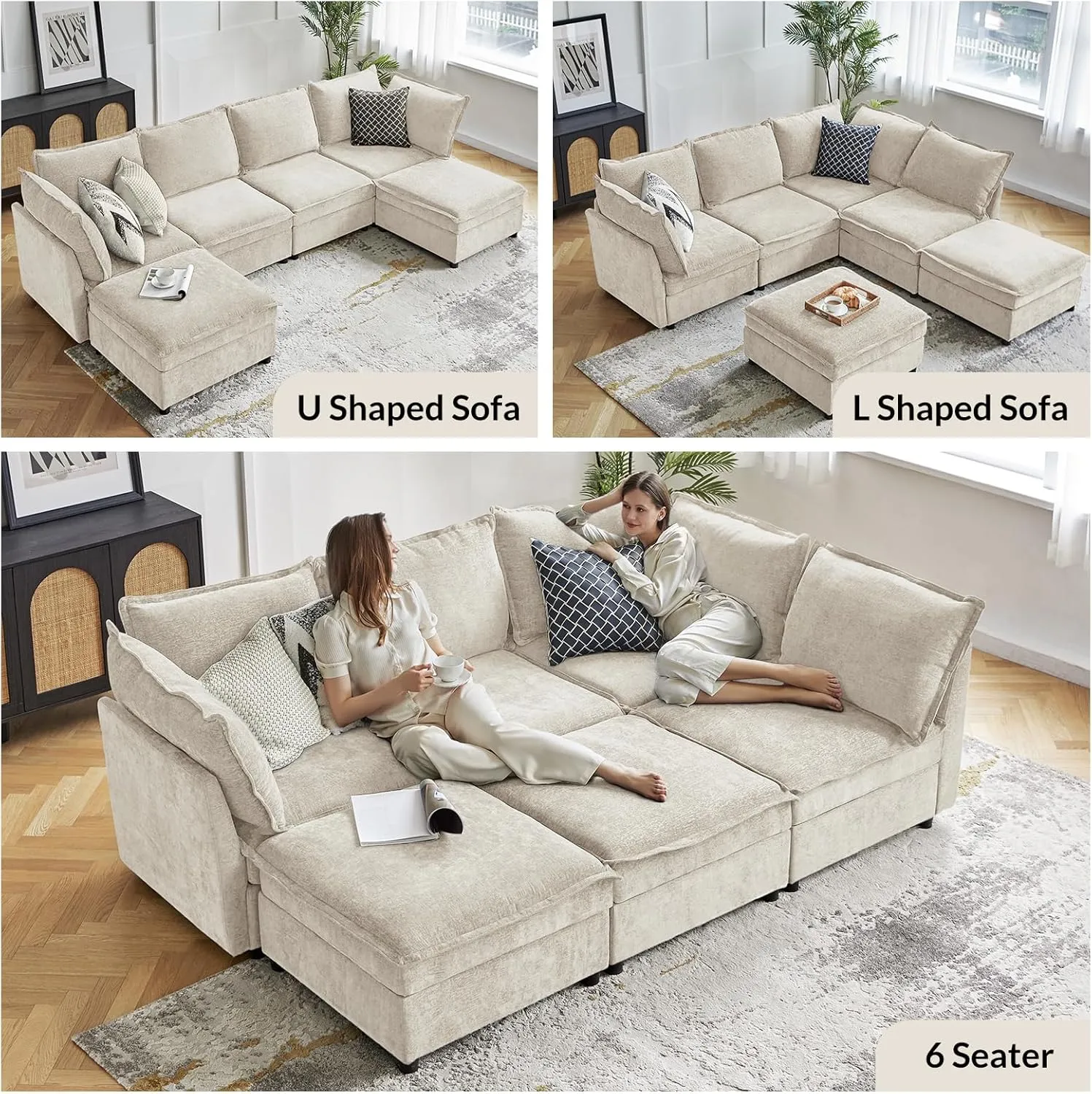 HULALA HOME Modular Sectional Sofa, Oversized 8 Seat U Shaped Couch with Storage Ottoman, Extra Deep Seat, Modern Comfy Chenille Sofa with Chaise, Convertible Sectional Couches for Living Room, Beige