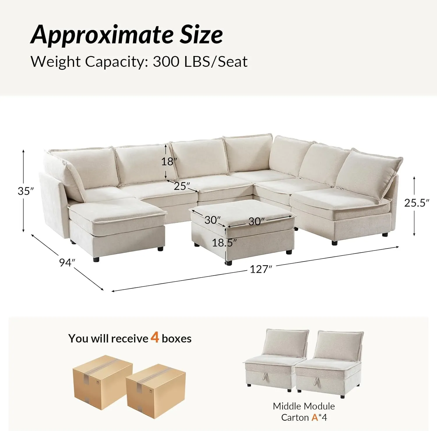 HULALA HOME Modular Sectional Sofa, Oversized 8 Seat U Shaped Couch with Storage Ottoman, Extra Deep Seat, Modern Comfy Chenille Sofa with Chaise, Convertible Sectional Couches for Living Room, Beige