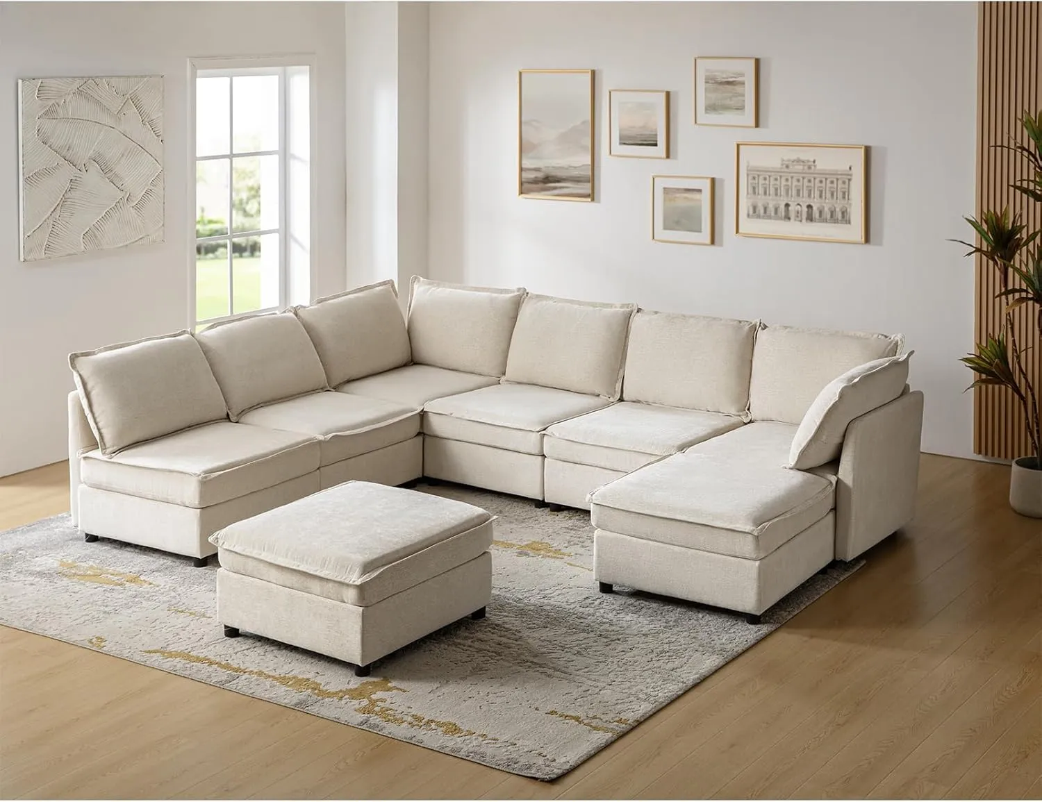 HULALA HOME Modular Sectional Sofa, Oversized 8 Seat U Shaped Couch with Storage Ottoman, Extra Deep Seat, Modern Comfy Chenille Sofa with Chaise, Convertible Sectional Couches for Living Room, Beige