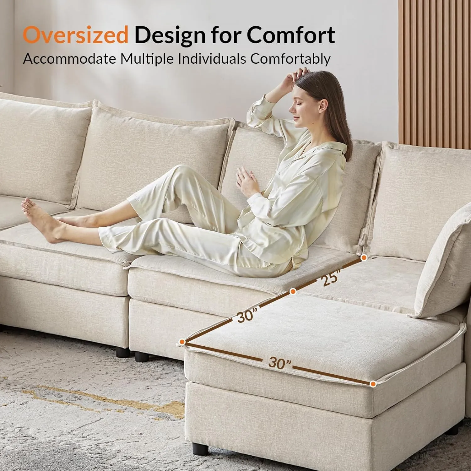 HULALA HOME Modular Sectional Sofa, Oversized 8 Seat U Shaped Couch with Storage Ottoman, Extra Deep Seat, Modern Comfy Chenille Sofa with Chaise, Convertible Sectional Couches for Living Room, Beige