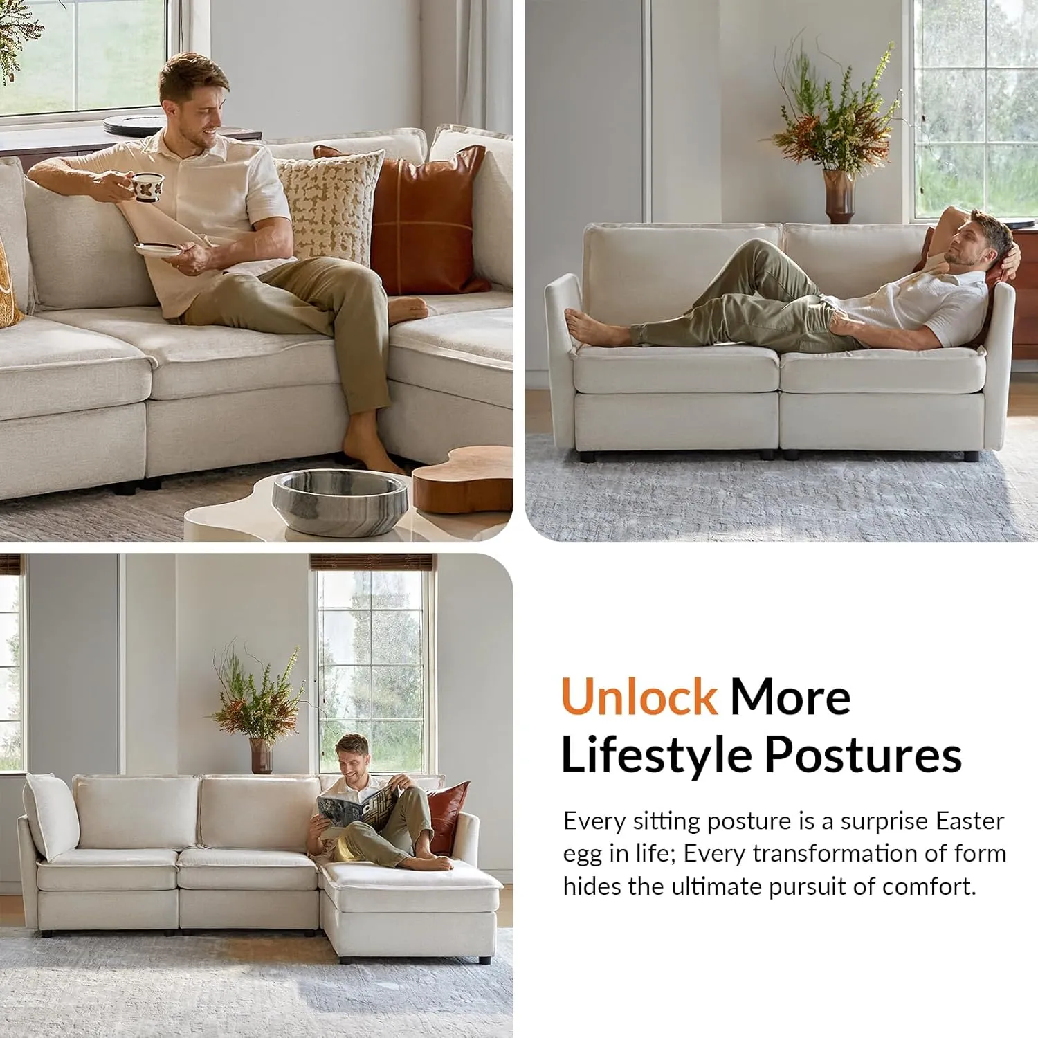 HULALA HOME Modular Sectional Sofa, Oversized 8 Seat U Shaped Couch with Storage Ottoman, Extra Deep Seat, Modern Comfy Chenille Sofa with Chaise, Convertible Sectional Couches for Living Room, Beige