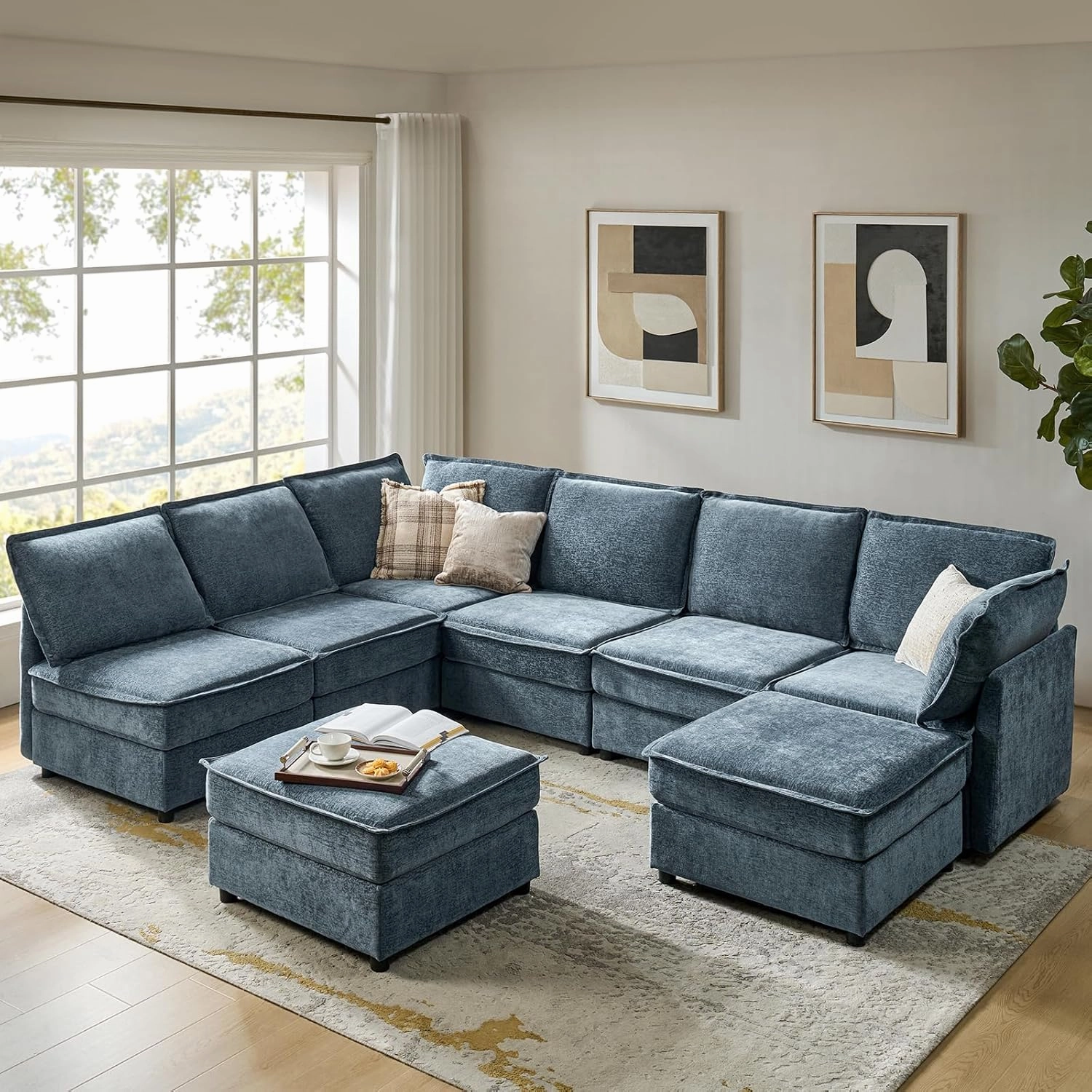 HULALA HOME Oversized Modular Sectional Sofa, 8 Seat U Shaped Couch with Storage Ottoman, Extra Deep Seat, Modern Comfy Chenille Sofa with Chaise, Convertible Sectional Couches for Living Room, Blue