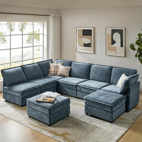 HULALA HOME Oversized Modular Sectional Sofa, 8 Seat U Shaped Couch with Storage Ottoman, Extra Deep Seat, Modern Comfy Chenille Sofa with Chaise, Convertible Sectional Couches for Living Room, Blue