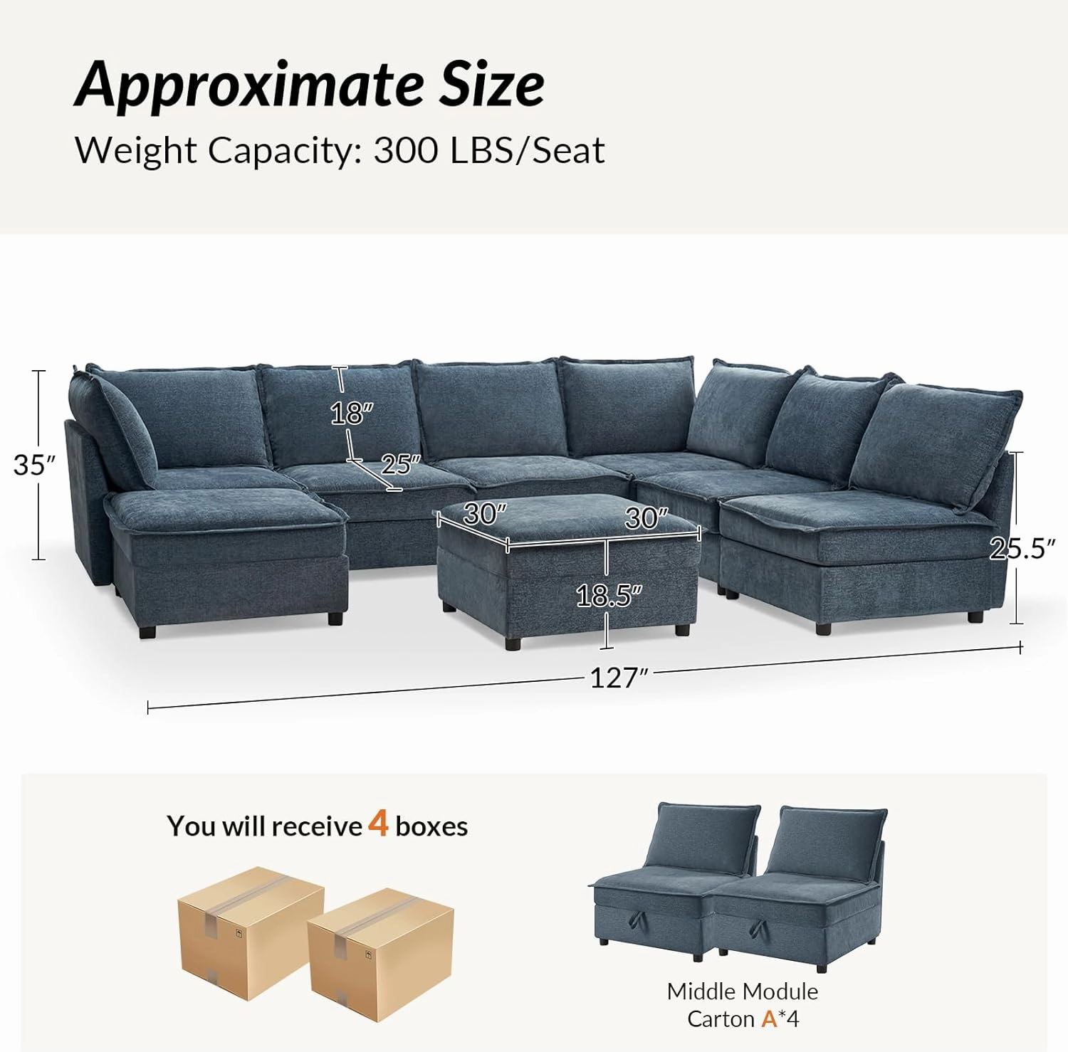 HULALA HOME Oversized Modular Sectional Sofa, 8 Seat U Shaped Couch with Storage Ottoman, Extra Deep Seat, Modern Comfy Chenille Sofa with Chaise, Convertible Sectional Couches for Living Room, Blue