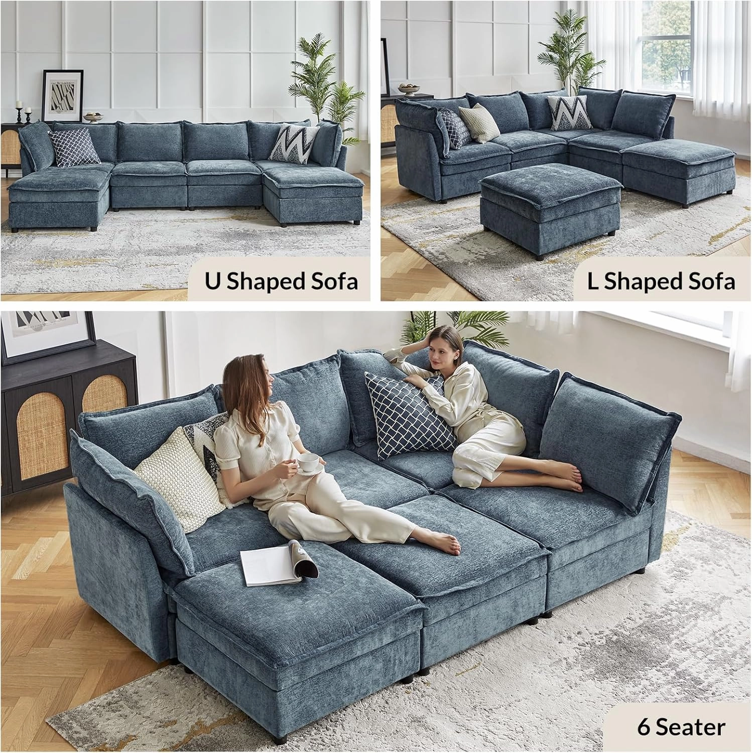 HULALA HOME Oversized Modular Sectional Sofa, 8 Seat U Shaped Couch with Storage Ottoman, Extra Deep Seat, Modern Comfy Chenille Sofa with Chaise, Convertible Sectional Couches for Living Room, Blue