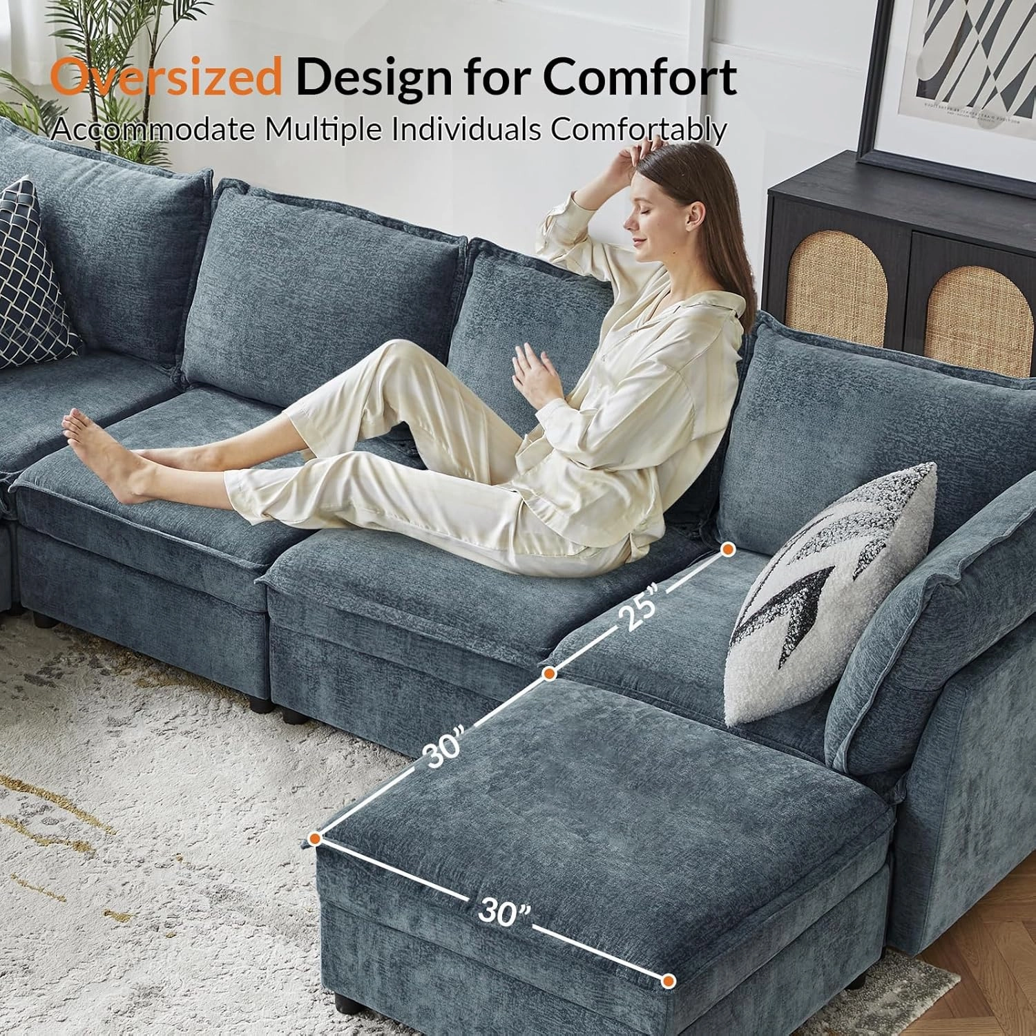 HULALA HOME Oversized Modular Sectional Sofa, 8 Seat U Shaped Couch with Storage Ottoman, Extra Deep Seat, Modern Comfy Chenille Sofa with Chaise, Convertible Sectional Couches for Living Room, Blue