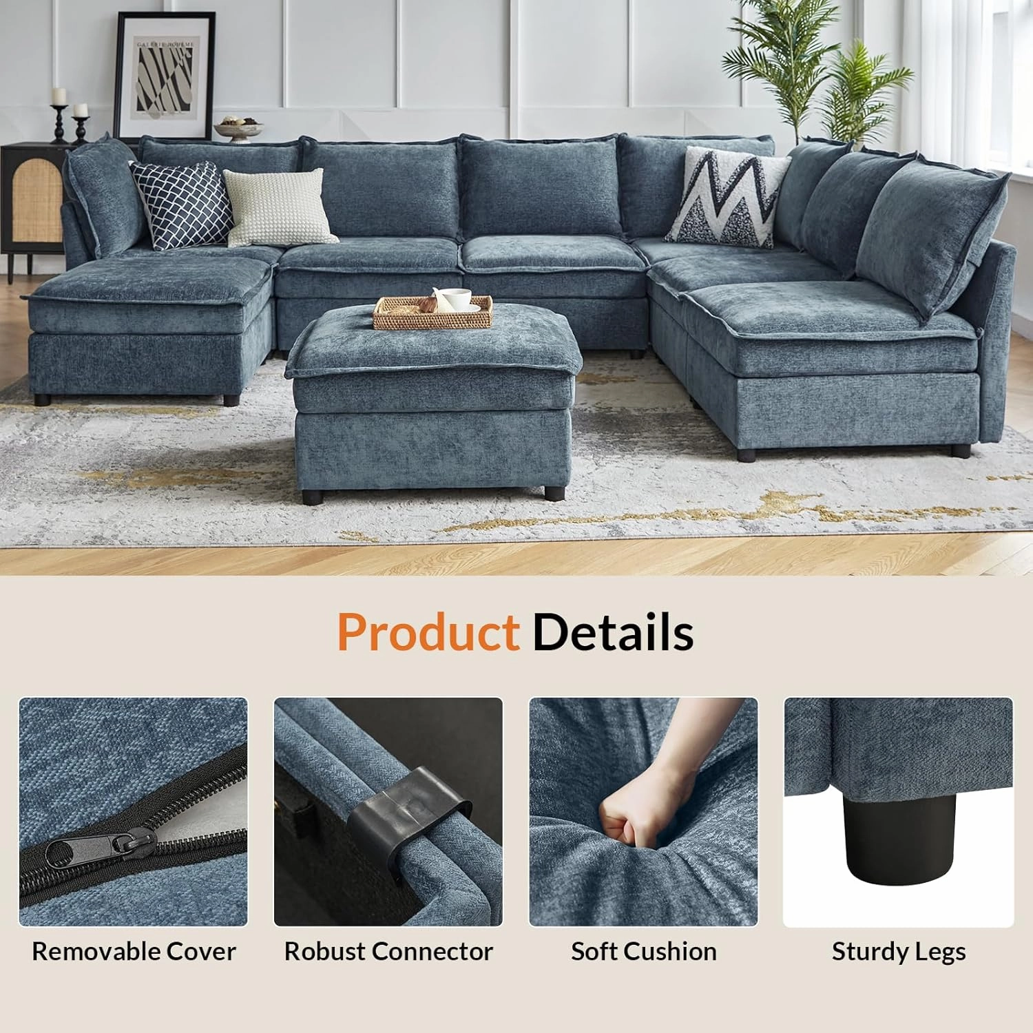 HULALA HOME Oversized Modular Sectional Sofa, 8 Seat U Shaped Couch with Storage Ottoman, Extra Deep Seat, Modern Comfy Chenille Sofa with Chaise, Convertible Sectional Couches for Living Room, Blue