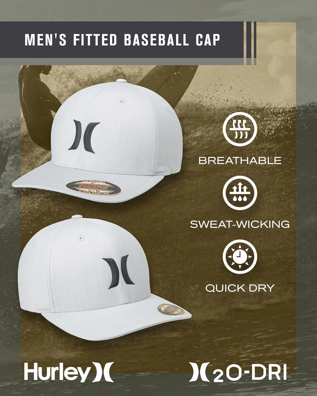 Hurley Men's Baseball Cap - Stretch Fit Lightweight Curved Bill Icon Weld Fitted Baseball Hat for Men (Sizes: S-M, L-XL)