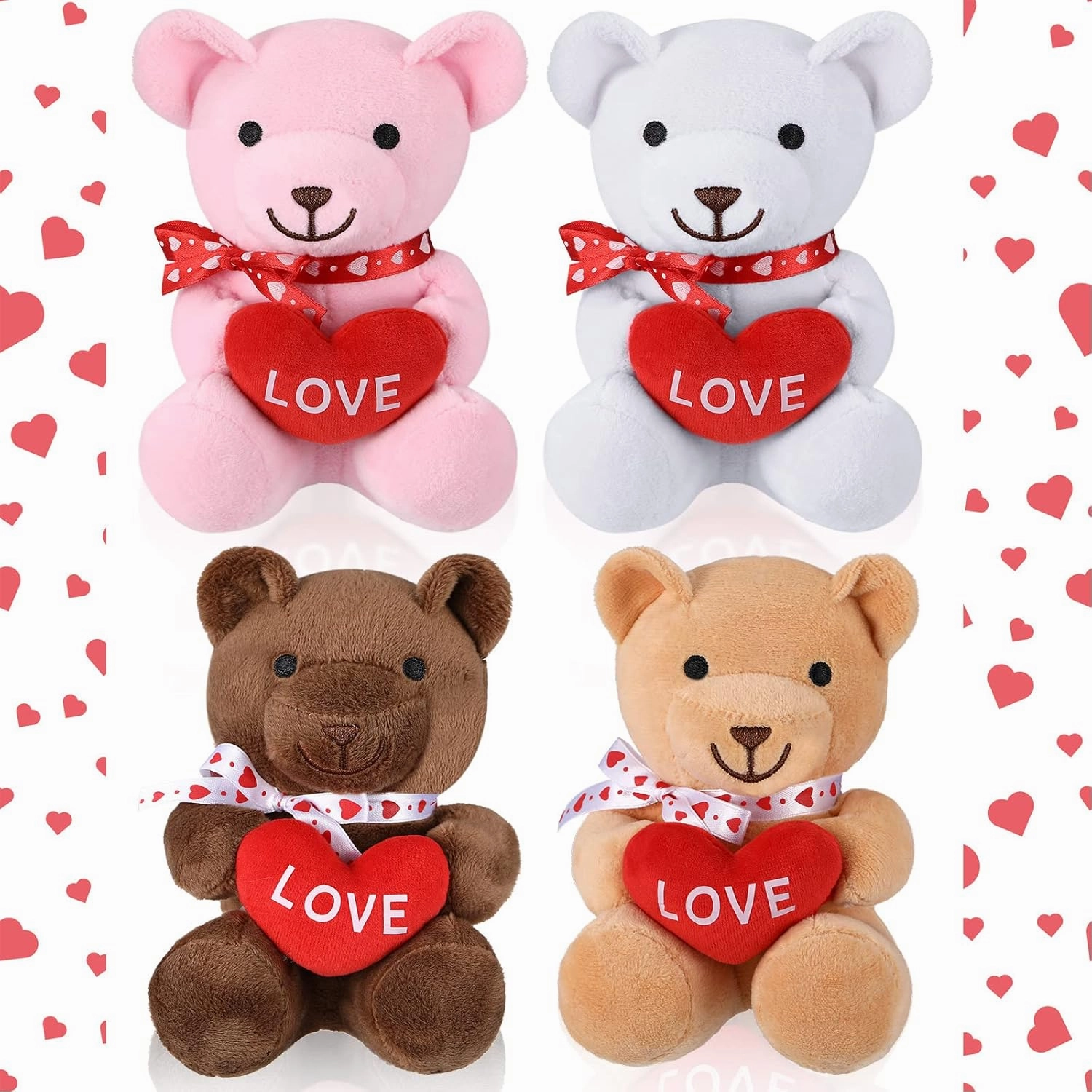 HyDren 4 Pcs Valentine Stuffed Bear 6'' Cute Stuffed Animals Soft Bear with Red Heart Small Sweet Cuddly Plush Toys Gift for Classroom Exchange Prizes Party