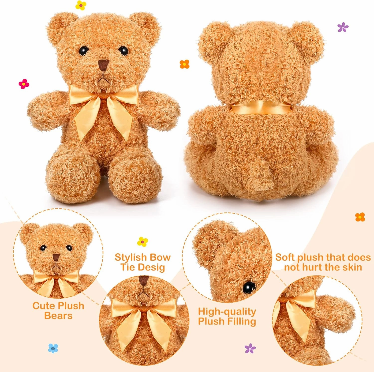 HyDren 5 Pcs Bears Stuffed Animal Soft Plush Toys Valentine 12 Inches Cute Small Shaggy Bear with Hoodie Bow Tie for Kids Boys Girls Baby Shower Birthday Party(Bow Tie Style,Dark Brown, Light Brown)