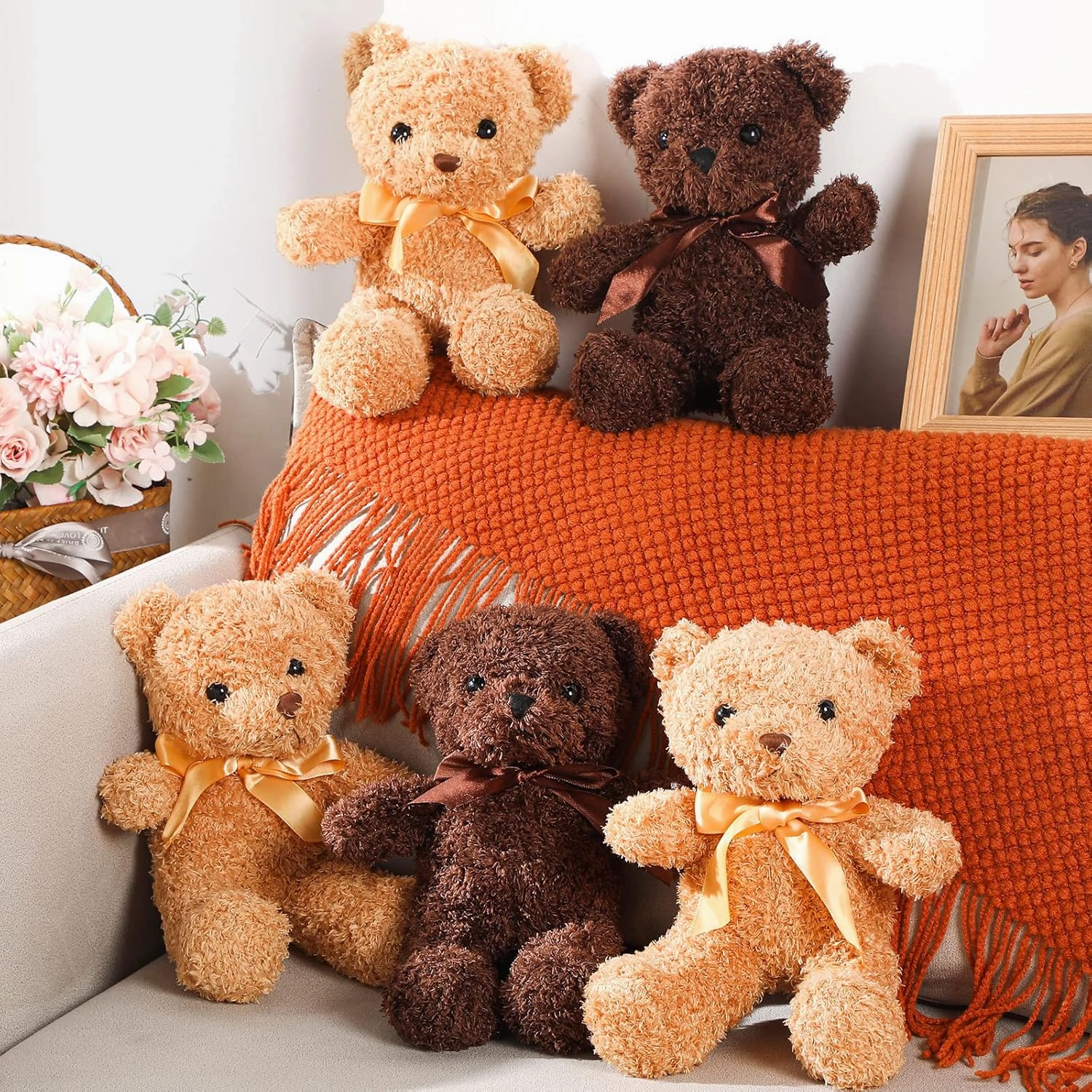 HyDren 5 Pcs Bears Stuffed Animal Soft Plush Toys Valentine 12 Inches Cute Small Shaggy Bear with Hoodie Bow Tie for Kids Boys Girls Baby Shower Birthday Party(Bow Tie Style,Dark Brown, Light Brown)