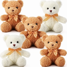 HyDren 5 Pcs Bears Stuffed Animal Soft Plush Toys Valentine 12 Inches Cute Small Shaggy Bear with Hoodie Bow Tie for Kids Boys Girls Baby Shower Birthday Party(Bow Tie Style,Light Brown, White)