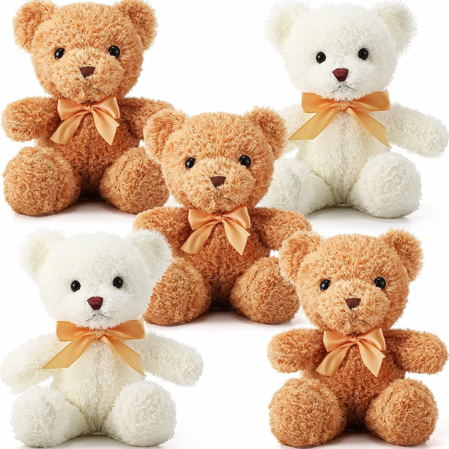 HyDren 5 Pcs Bears Stuffed Animal Soft Plush Toys Valentine 12 Inches Cute Small Shaggy Bear with Hoodie Bow Tie for Kids Boys Girls Baby Shower Birthday Party(Bow Tie Style,Light Brown, White)