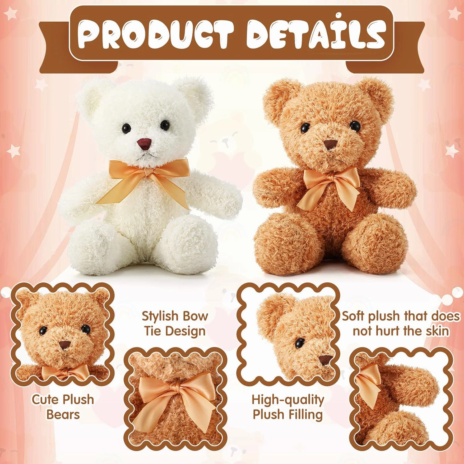 HyDren 5 Pcs Bears Stuffed Animal Soft Plush Toys Valentine 12 Inches Cute Small Shaggy Bear with Hoodie Bow Tie for Kids Boys Girls Baby Shower Birthday Party(Bow Tie Style,Light Brown, White)