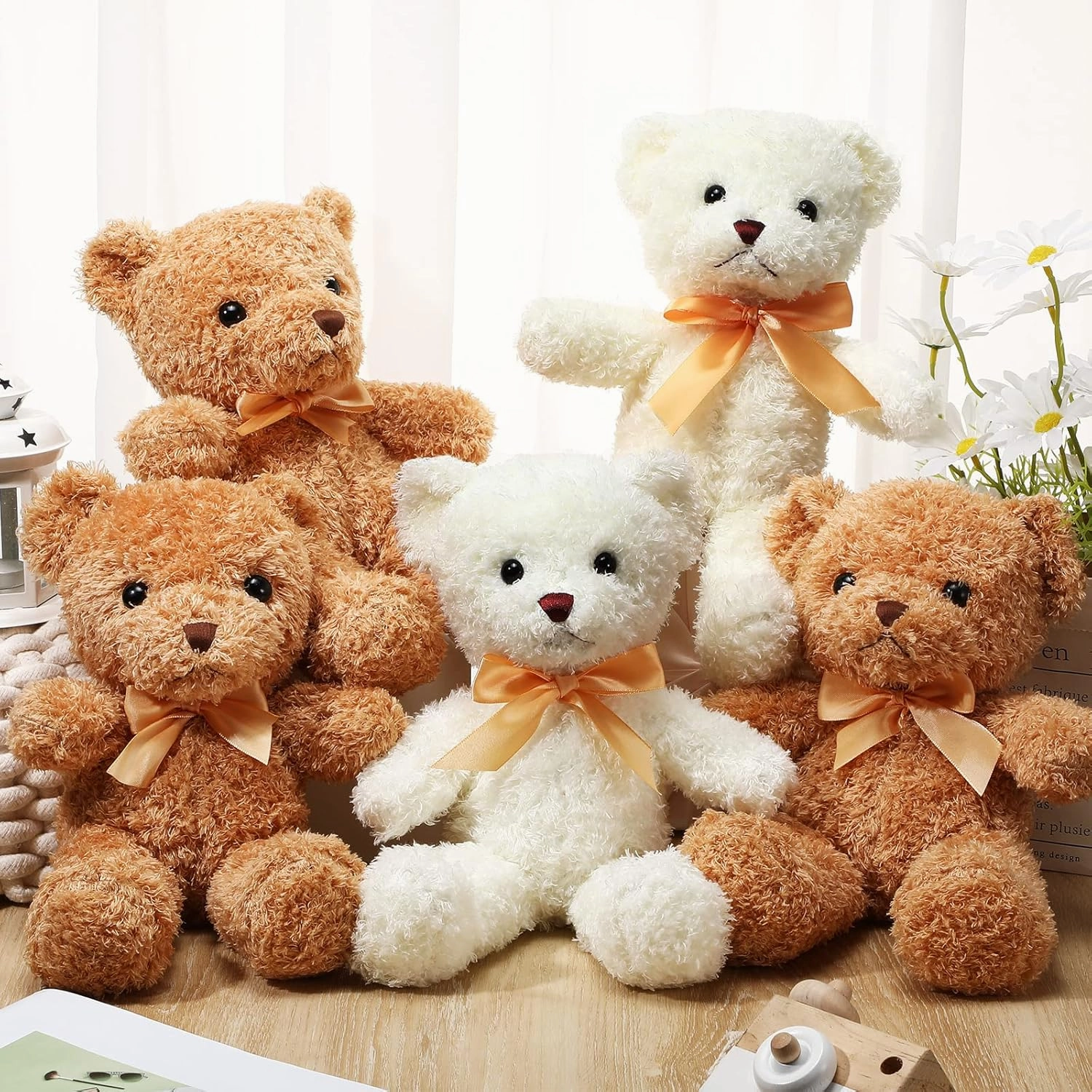 HyDren 5 Pcs Bears Stuffed Animal Soft Plush Toys Valentine 12 Inches Cute Small Shaggy Bear with Hoodie Bow Tie for Kids Boys Girls Baby Shower Birthday Party(Bow Tie Style,Light Brown, White)