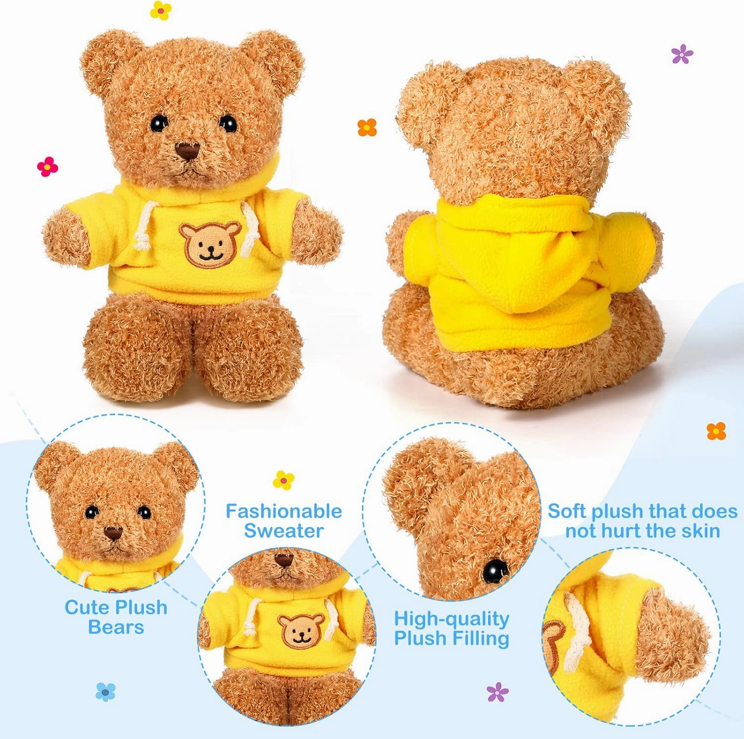 HyDren 5 Pcs Bears Stuffed Animal Soft Plush Toys Valentine 12 Inches Cute Small Shaggy Bear with Hoodie Bow Tie for Kids Boys Girls Baby Shower Birthday Party(Hoodie Style,Light Brown)