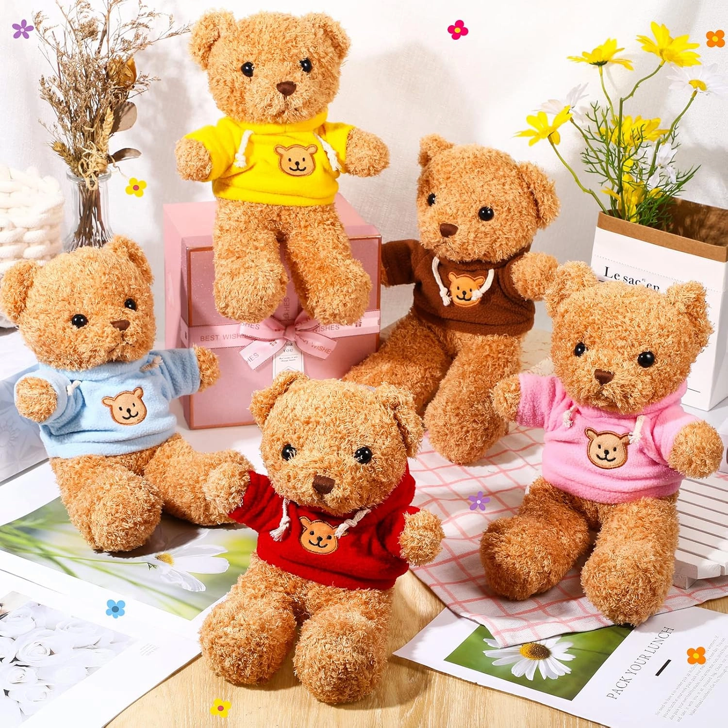 HyDren 5 Pcs Bears Stuffed Animal Soft Plush Toys Valentine 12 Inches Cute Small Shaggy Bear with Hoodie Bow Tie for Kids Boys Girls Baby Shower Birthday Party(Hoodie Style,Light Brown)
