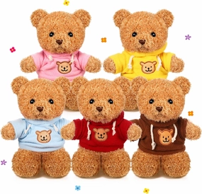 HyDren 5 Pcs Bears Stuffed Animal Soft Plush Toys Valentine 12 Inches Cute Small Shaggy Bear with Hoodie Bow Tie for Kids Boys Girls Baby Shower Birthday Party(Hoodie Style,Light Brown)