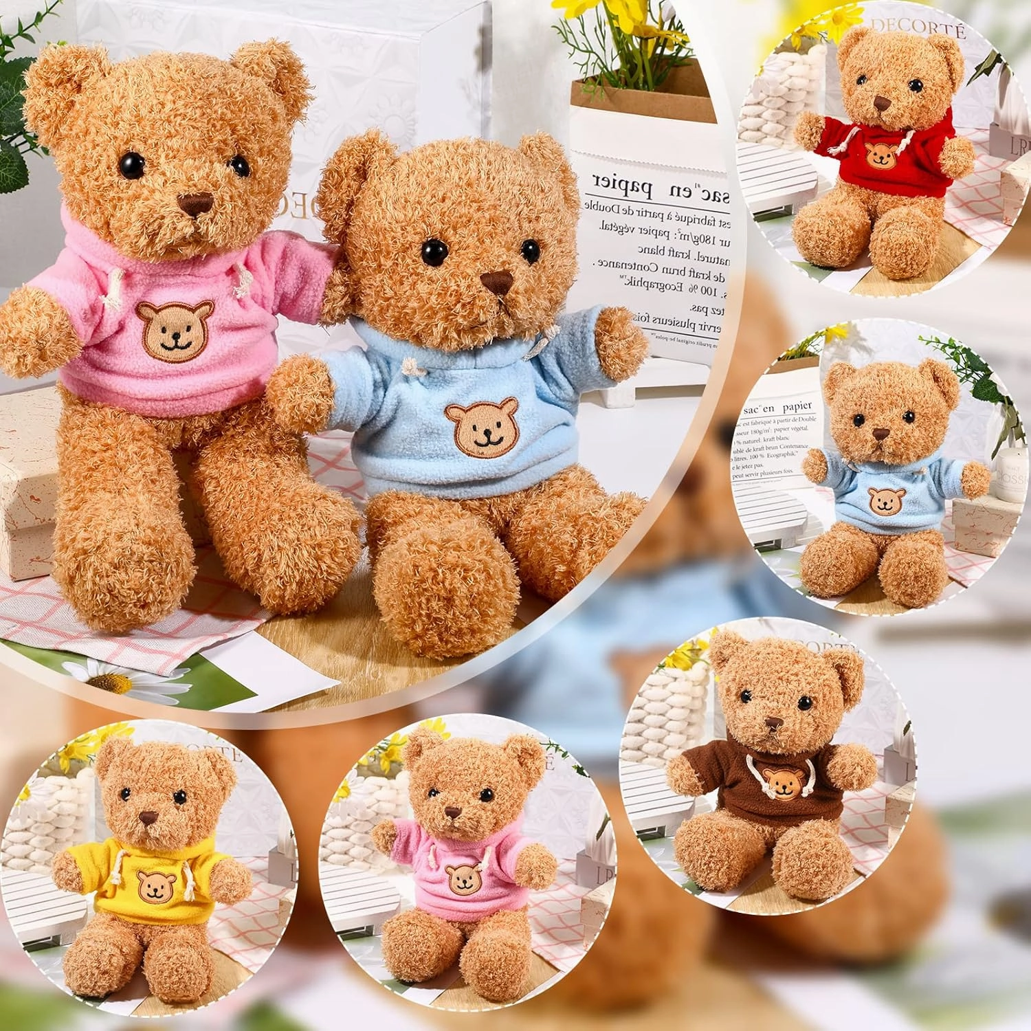 HyDren 5 Pcs Bears Stuffed Animal Soft Plush Toys Valentine 12 Inches Cute Small Shaggy Bear with Hoodie Bow Tie for Kids Boys Girls Baby Shower Birthday Party(Hoodie Style,Light Brown)