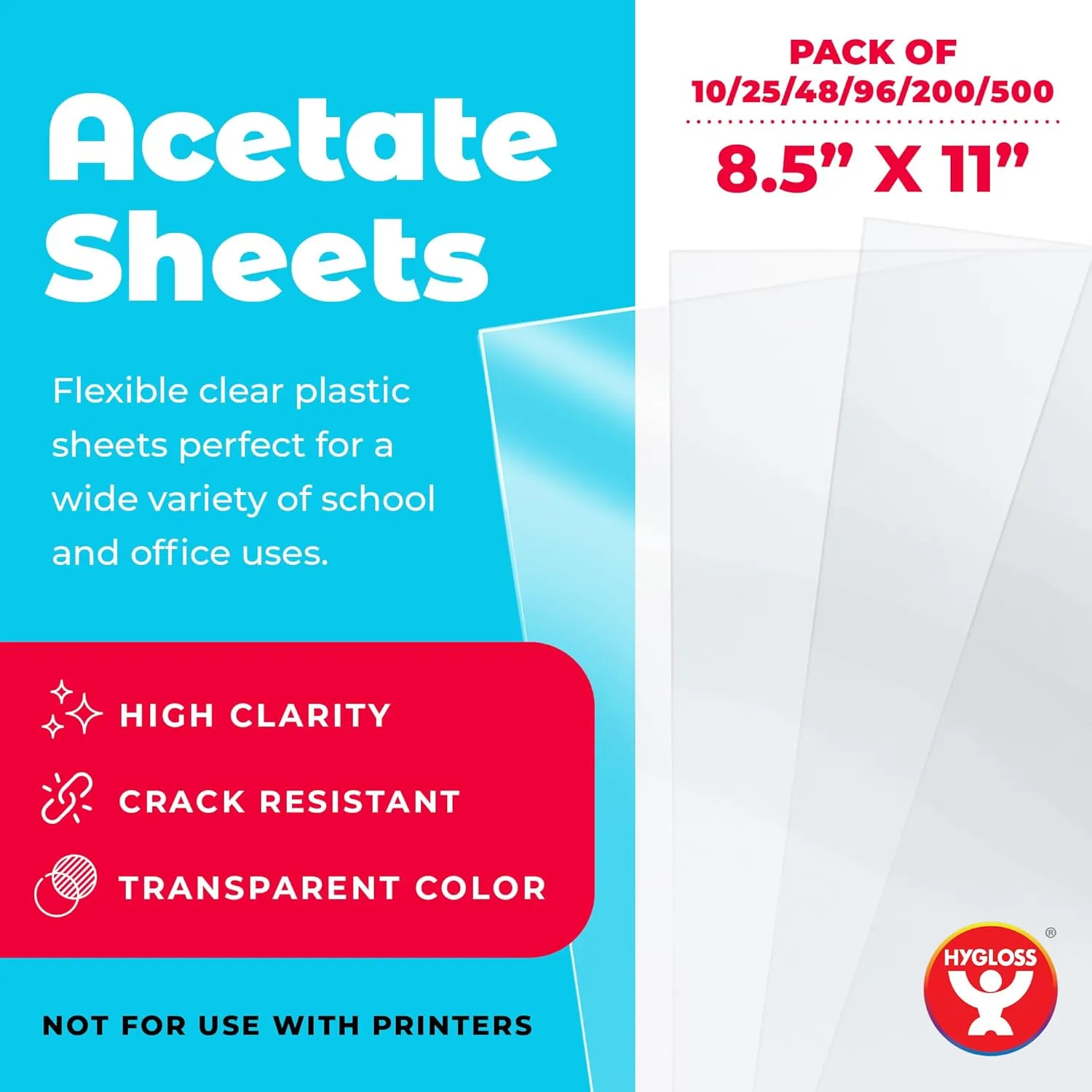 Hygloss 8.5" x 11" Acetate Paper - 7 Mil Clear Acetate Sheets for Crafts Projects, Classroom Stencil Sheets, Overhead Transparency Sheets for Projector, Clear Plastic Sheet (Not for Printers) 48 Pack