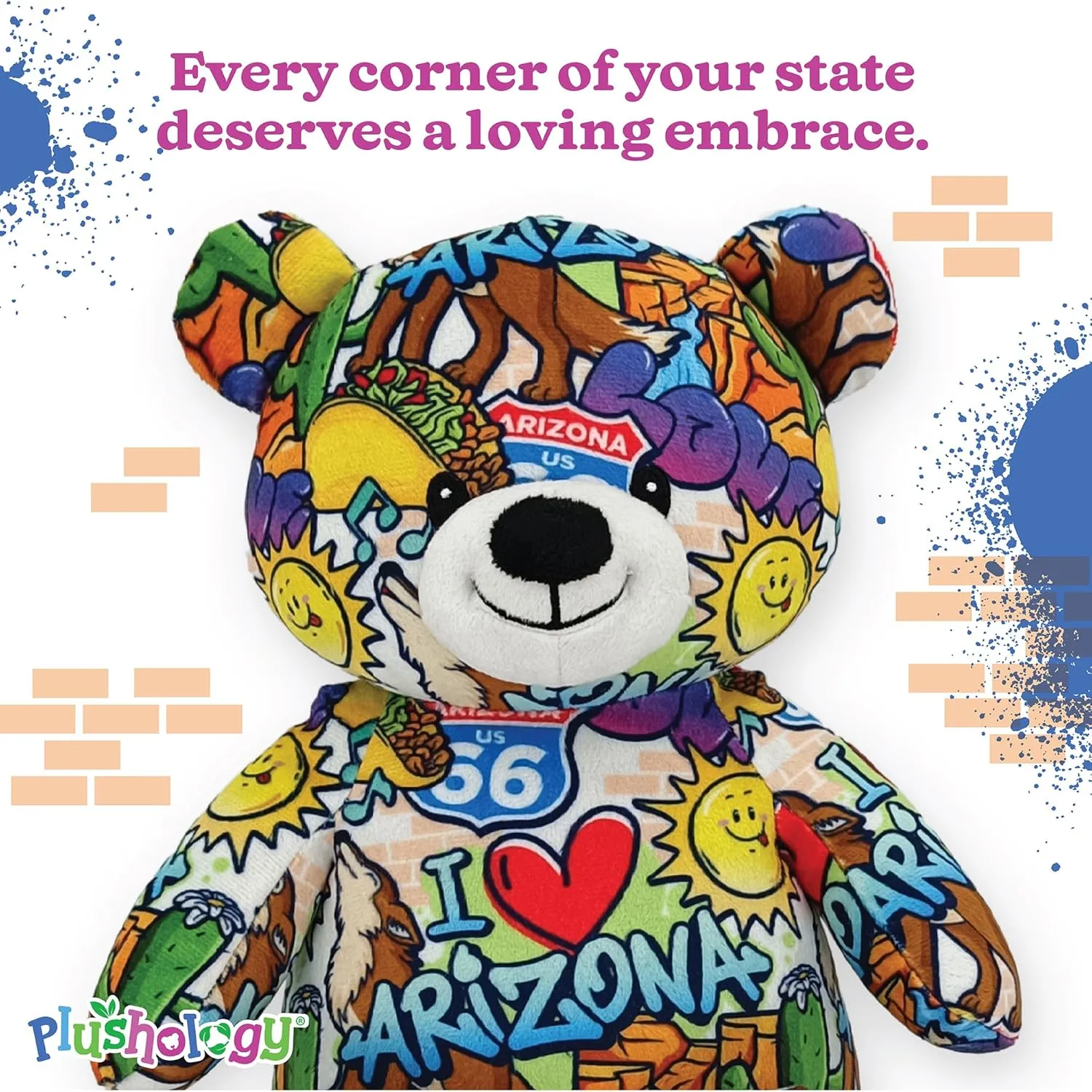 I Love Arizona Graffiti Teddy Bear Eco Friendly Stuffed Animal; Cuddly Soft Velboa Plush Animal for Kids 3 Years Old to Adults; Child-Safe Embroidered Face Details (10" Tall When Seated)