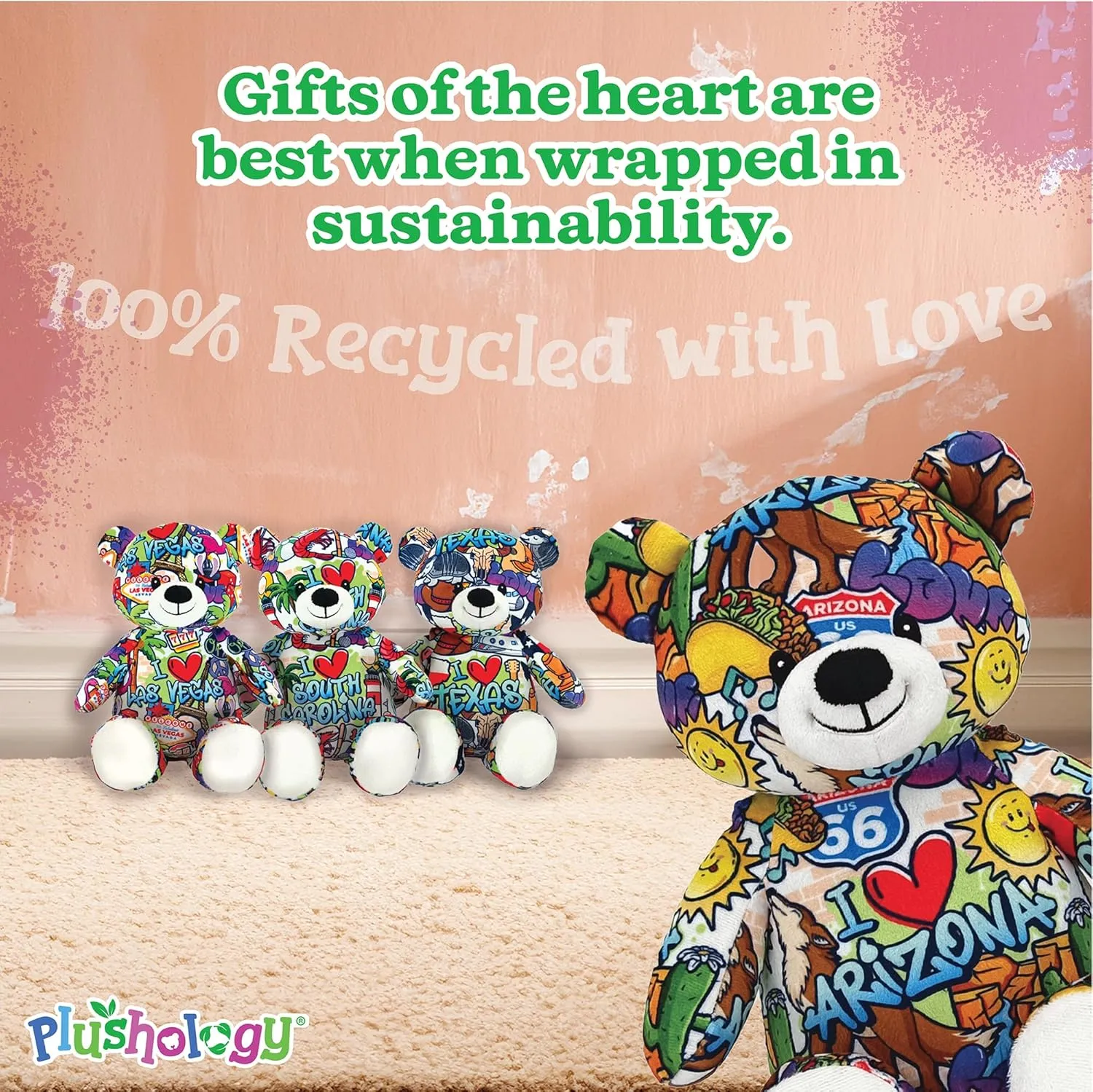 I Love Arizona Graffiti Teddy Bear Eco Friendly Stuffed Animal; Cuddly Soft Velboa Plush Animal for Kids 3 Years Old to Adults; Child-Safe Embroidered Face Details (10" Tall When Seated)