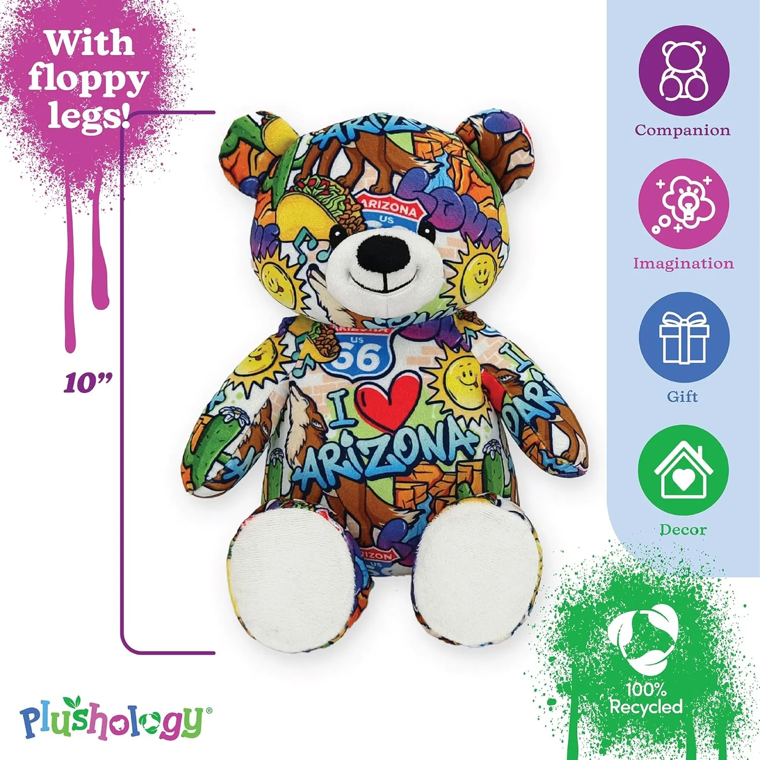 I Love Arizona Graffiti Teddy Bear Eco Friendly Stuffed Animal; Cuddly Soft Velboa Plush Animal for Kids 3 Years Old to Adults; Child-Safe Embroidered Face Details (10" Tall When Seated)