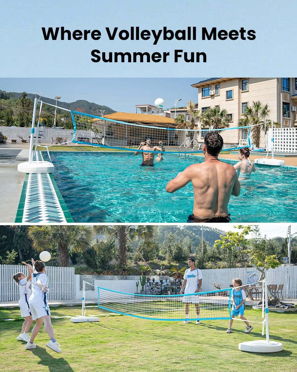 IGL Pool Volleyball Net Set, Pool Volleyball Set with 15 Ft Length Net, Height Adjustable Volleyball Net for Pool, Anti-Rust Stainless Steel Pool Games Set, Two Fillable Bases, Includes 2 Volleyballs