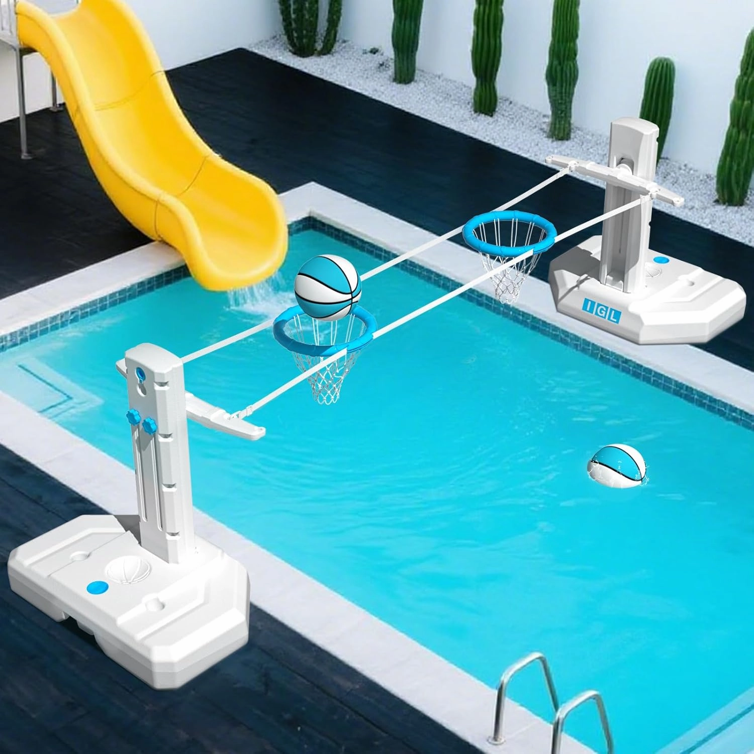 IGL Pool Volleyball Net & Pool Basketball Hoop 2 in 1, Height Adjustable Volleyball Net for Pool, Poolside Basketball Hoop with Fillable Base & Stand, Includes 4 Balls & Pump