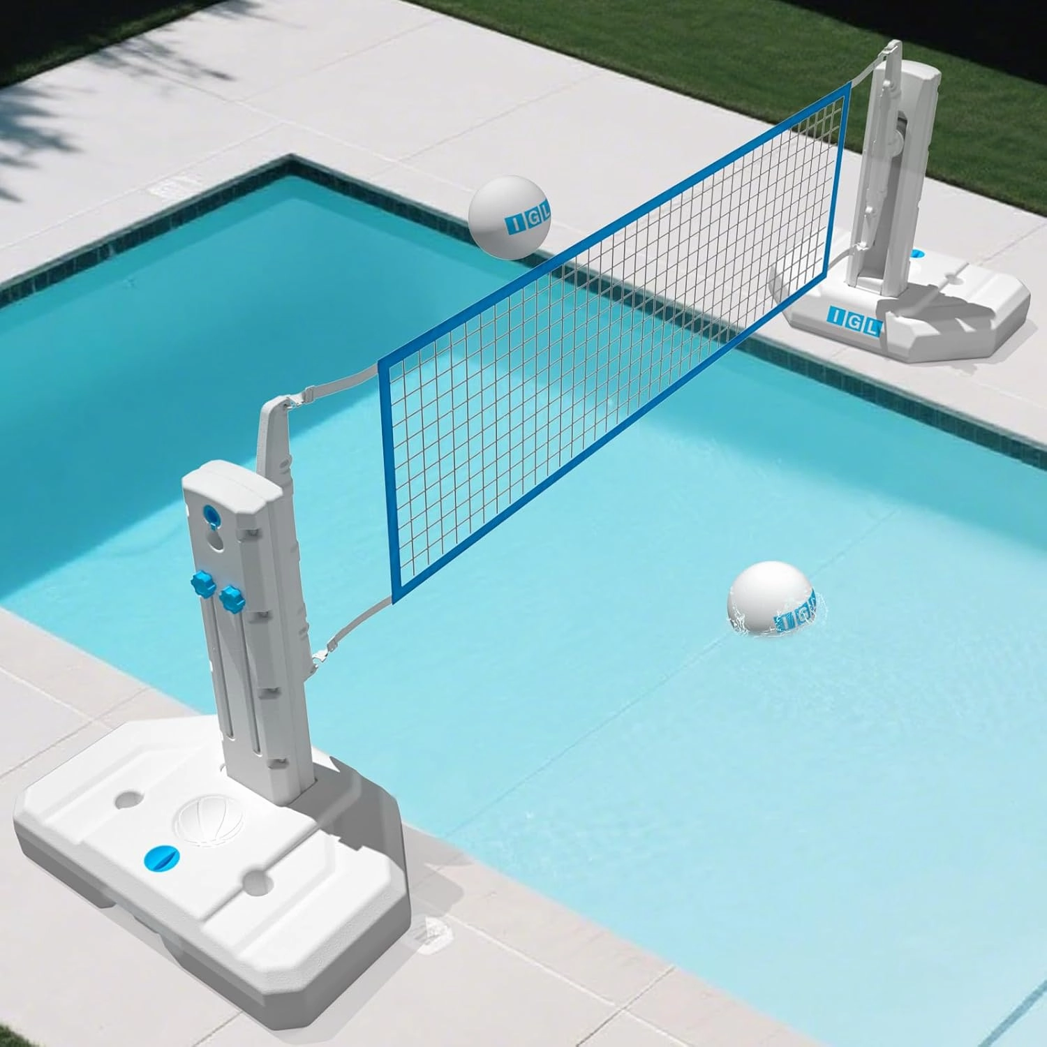 IGL Pool Volleyball Net & Pool Basketball Hoop 2 in 1, Height Adjustable Volleyball Net for Pool, Poolside Basketball Hoop with Fillable Base & Stand, Includes 4 Balls & Pump