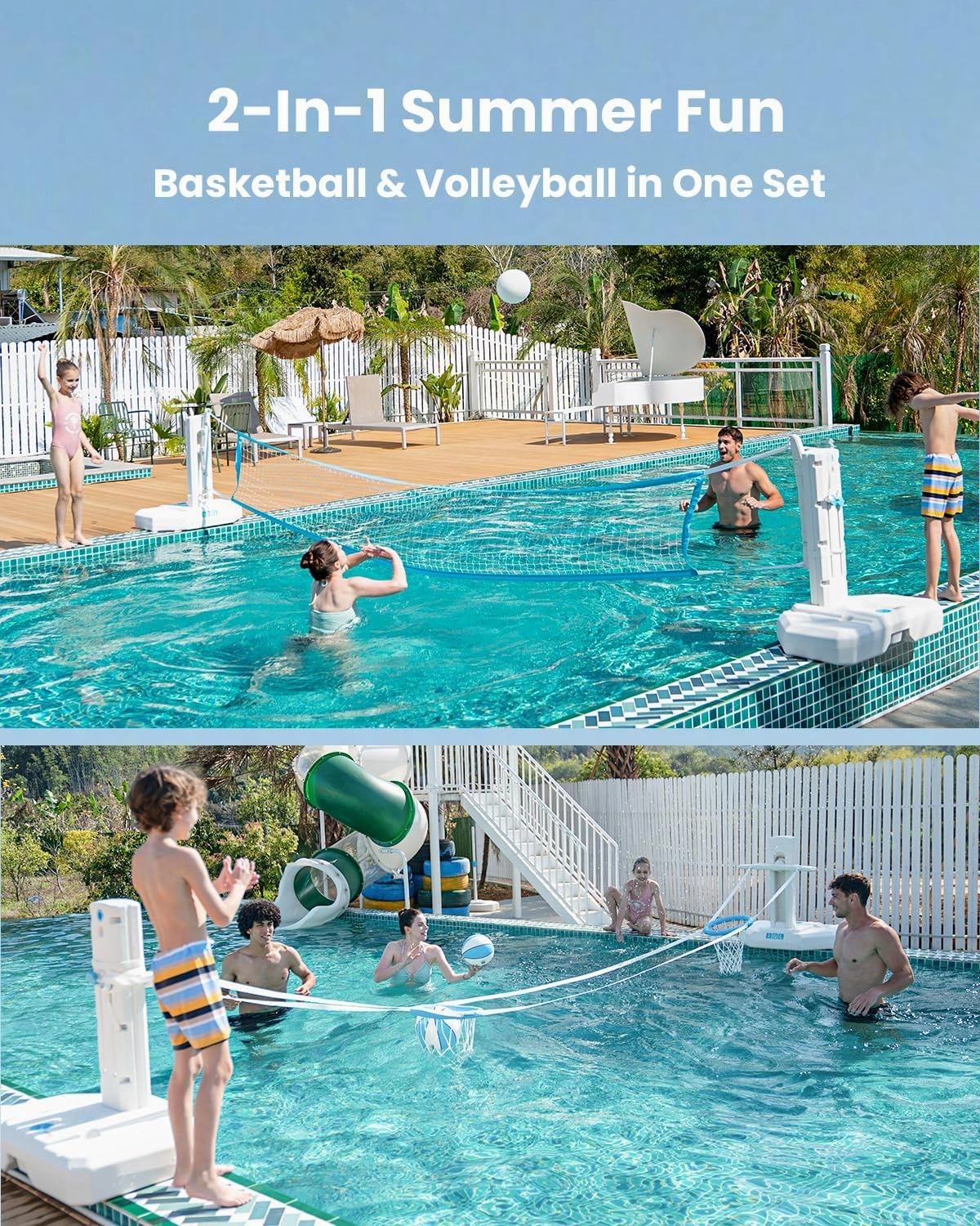 IGL Pool Volleyball Net & Pool Basketball Hoop 2 in 1, Height Adjustable Volleyball Net for Pool, Poolside Basketball Hoop with Fillable Base & Stand, Includes 4 Balls & Pump